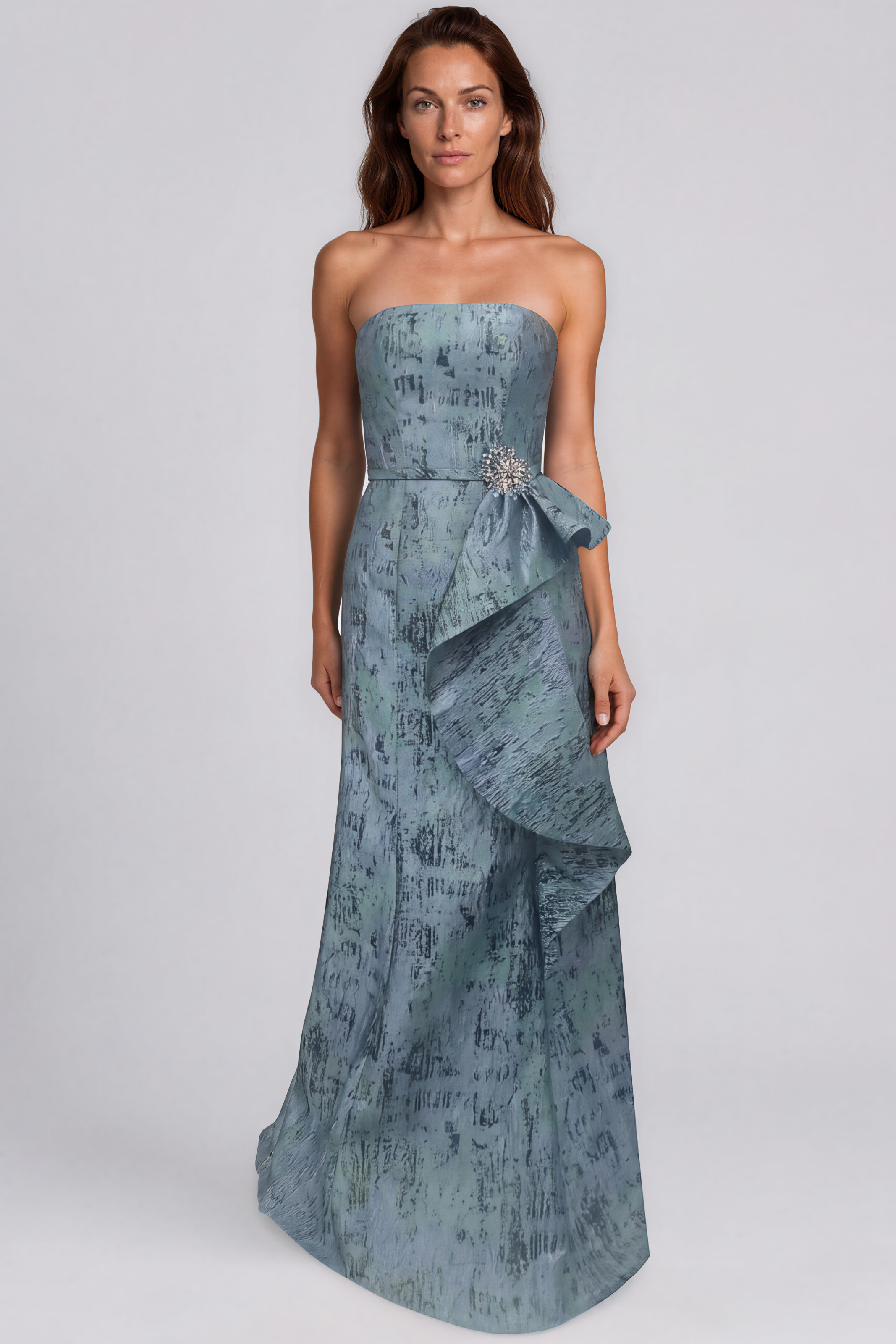 Strapless Jacquard Fit and Flare Gown with Cascading Ruffle Detail Gown Rene Ruiz Collection