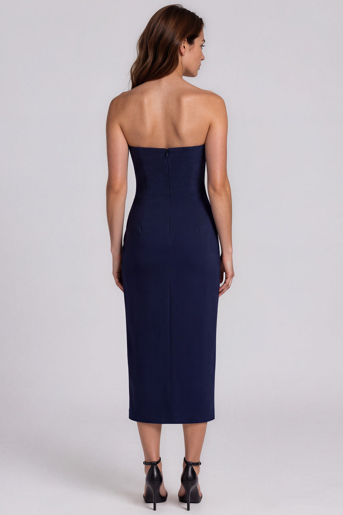 Strapless Crepe 3D Floral Appliqué Column Midi Cocktail
