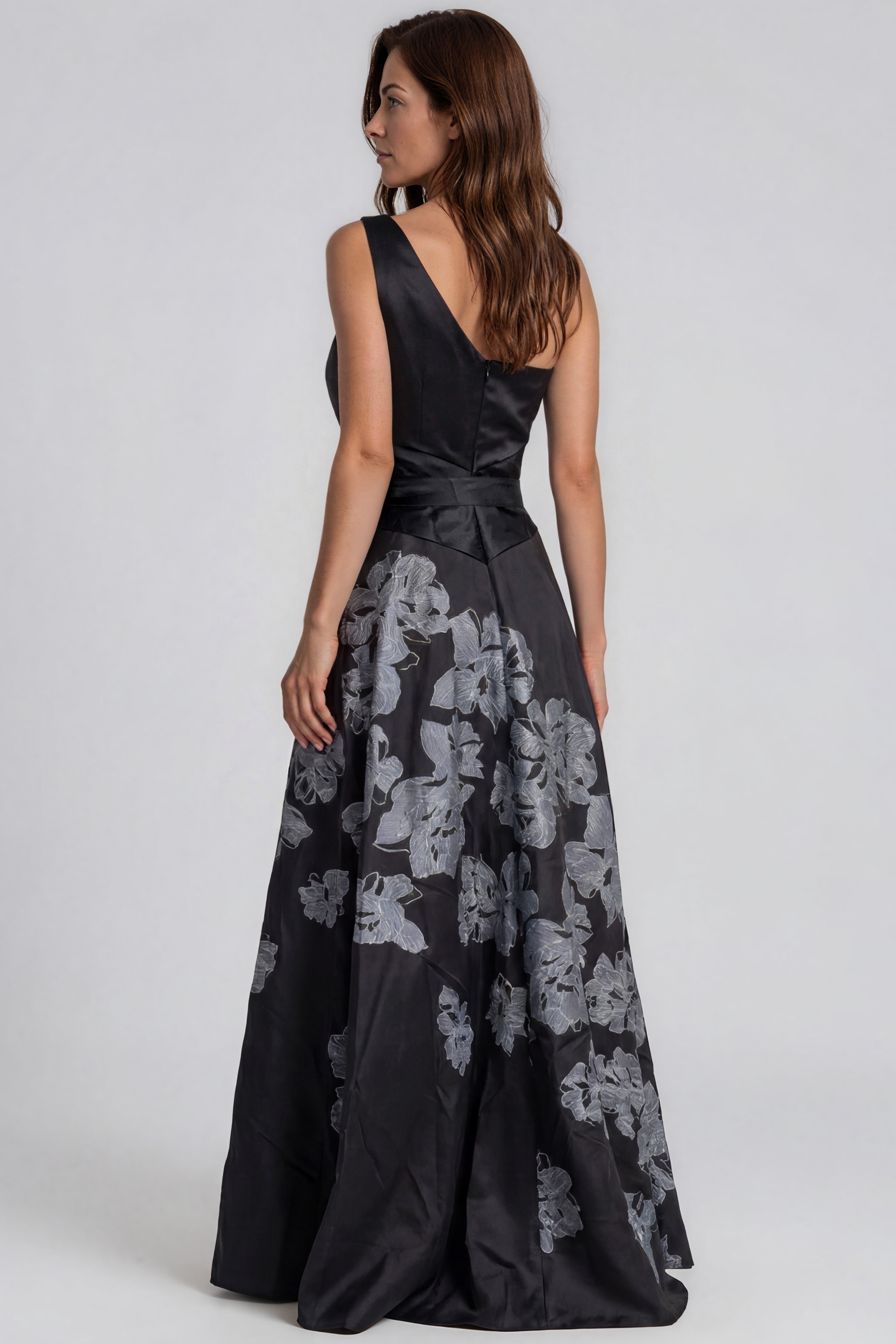 One Shoulder Floral Boarder Print Mikado A-Line Gown Gown Rene Ruiz Collection