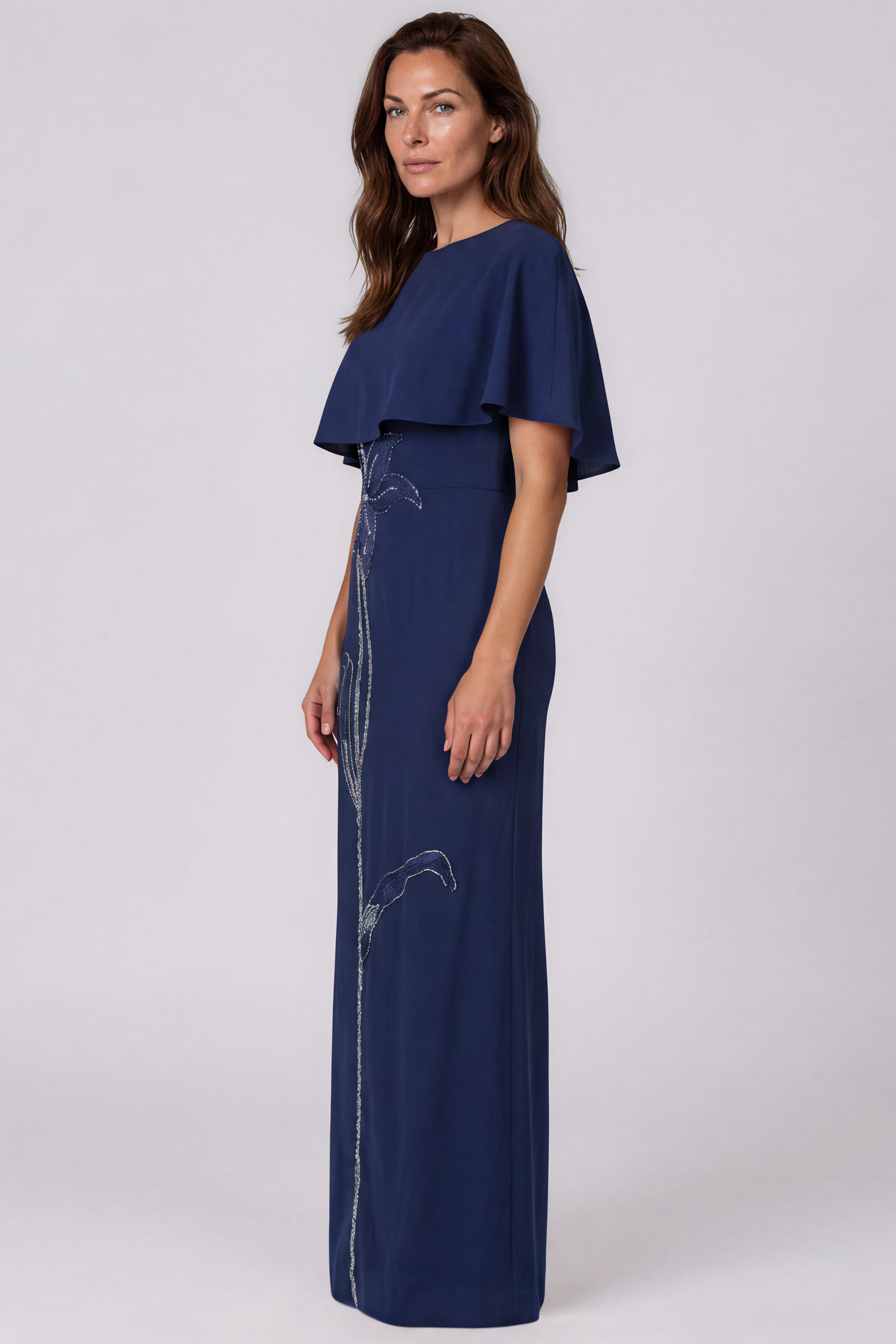 Beaded Floral Embroidery Crepe Column Gown with Cape Overlay Gown Rene Ruiz Collection