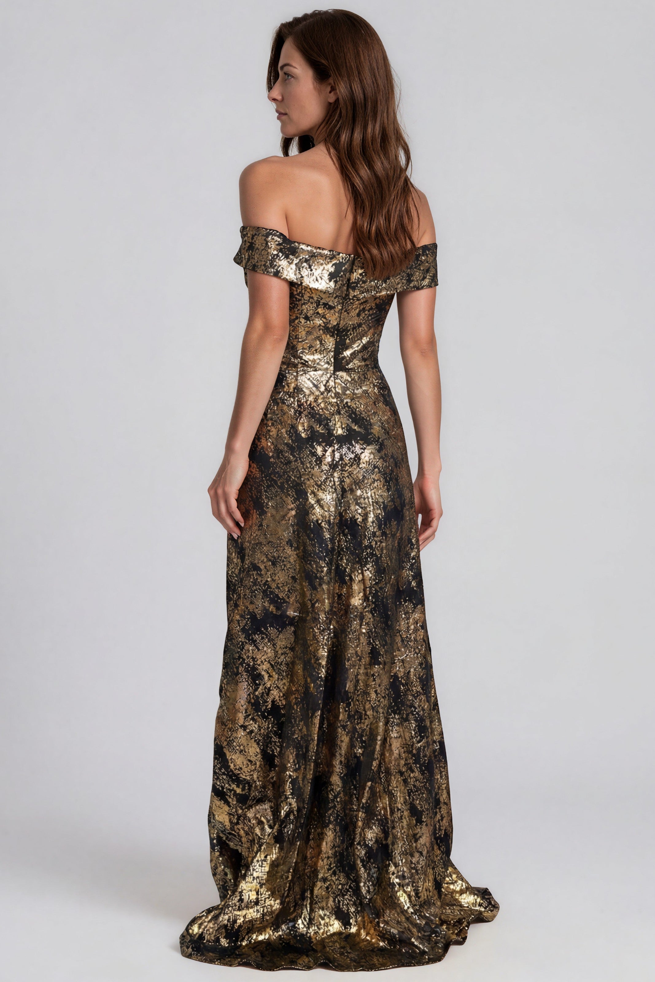 Off The Shoulder Metallic Jacquard Draped Column Gown Gown Rene Ruiz Collection