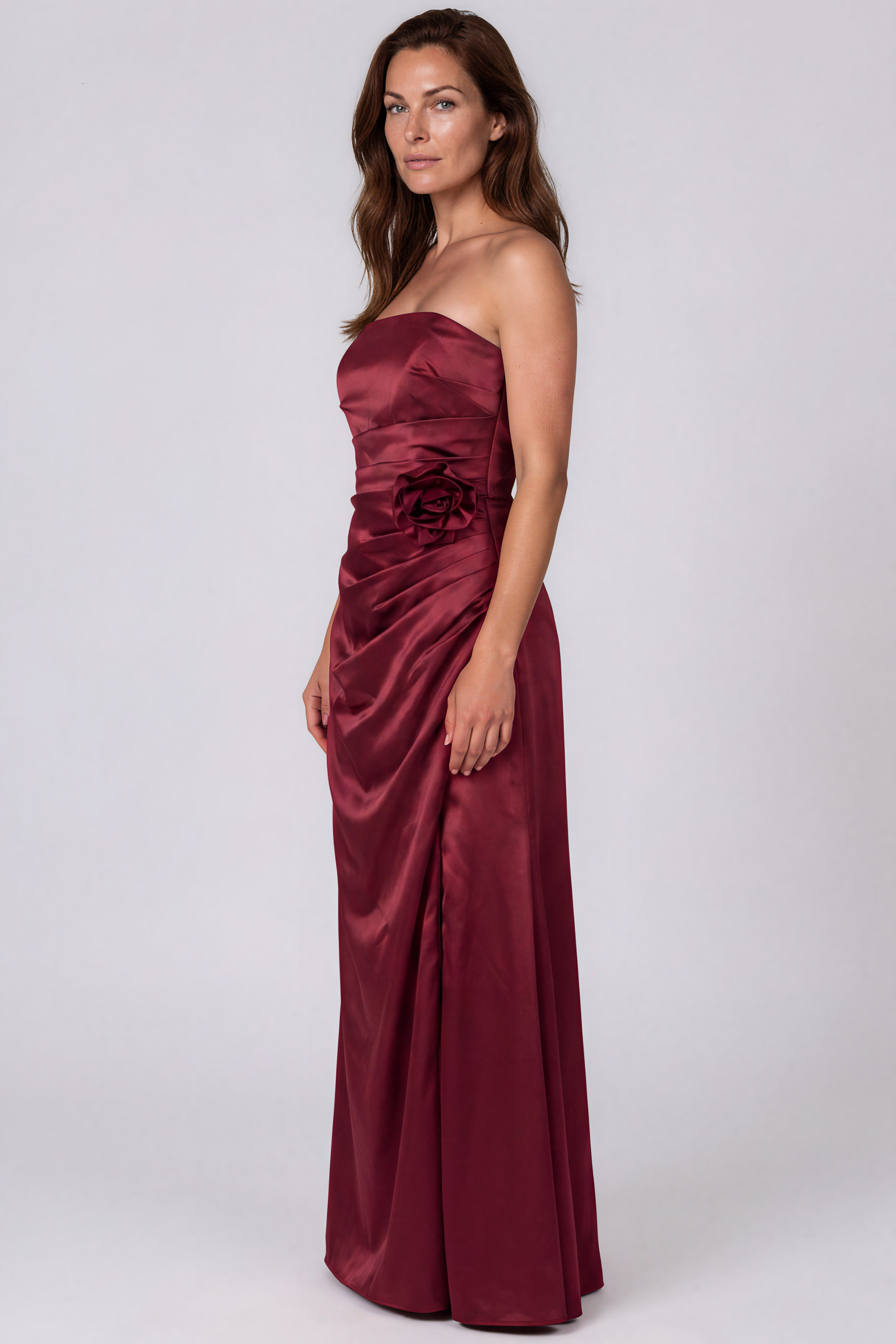 Strapless Draped Waist Floral Detail Satin-Back Crepe A-Line Gown