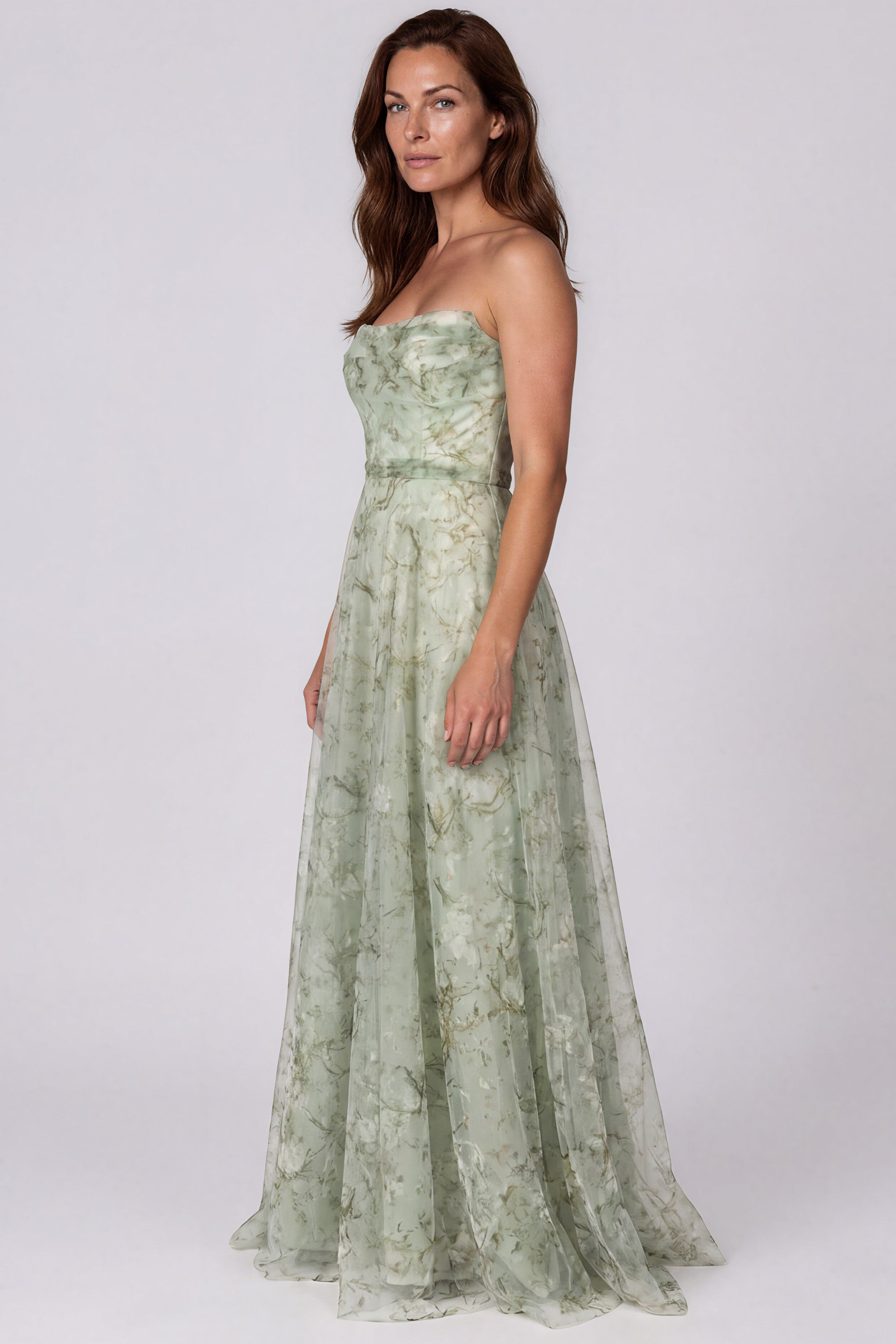 Strapless Draped Bodice Printed Organza A-Line Gown Gown Rene Ruiz Collection