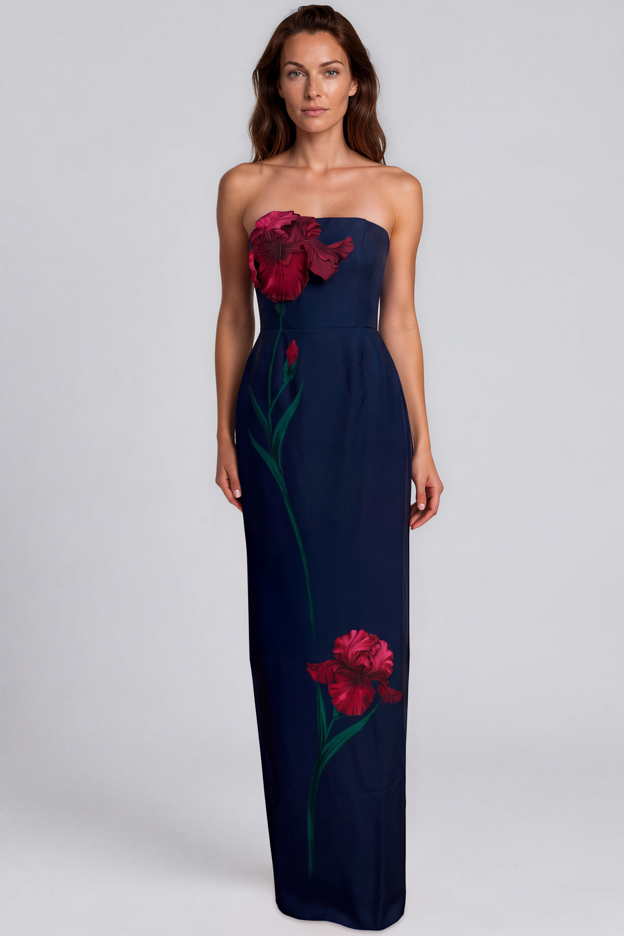 Oversized Floral Appliqué Strapless Crepe Column Gown