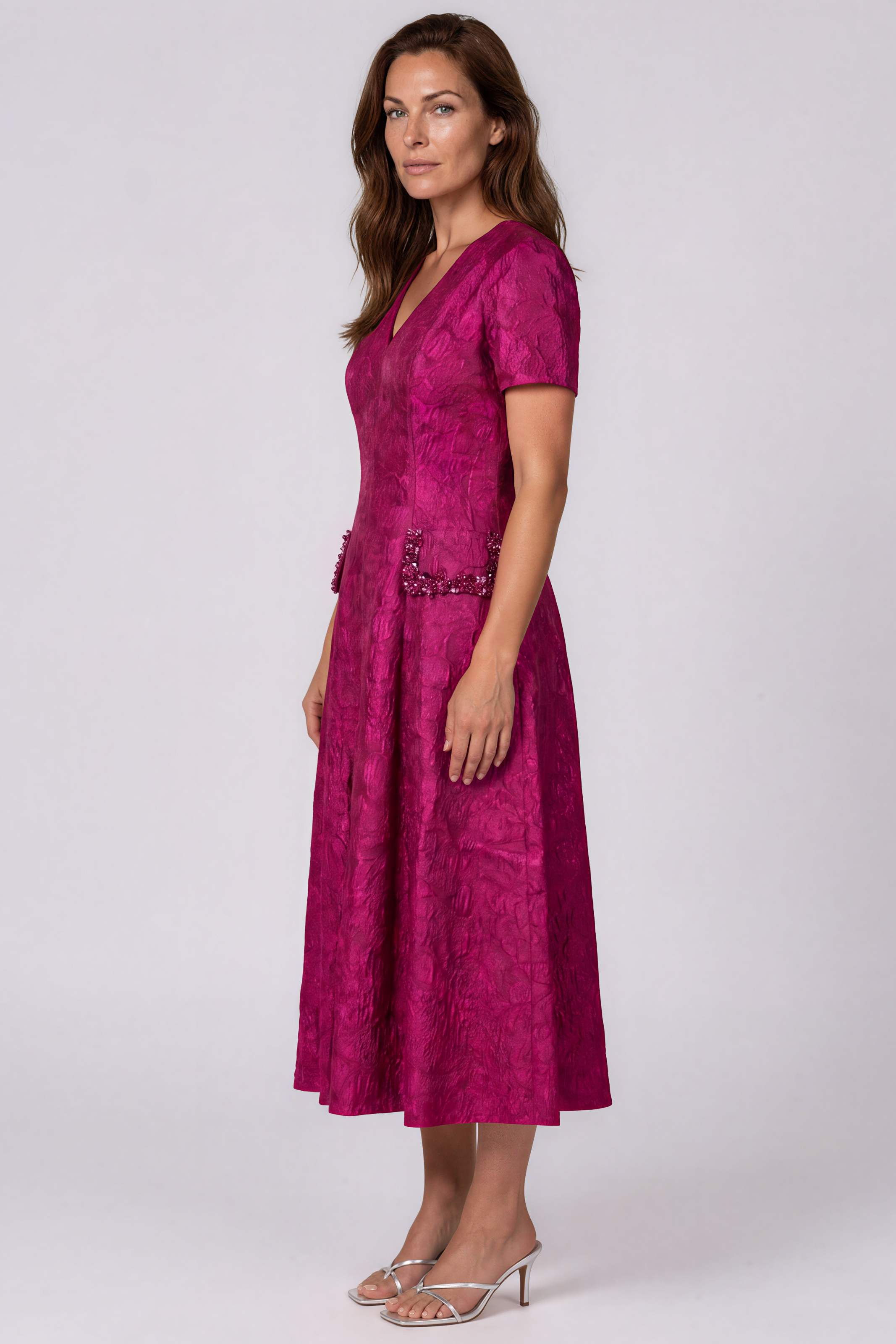 Short Sleeve Jacquard A-Line Midi Dress With Embellished Pockets Cocktail Rene Ruiz Collection