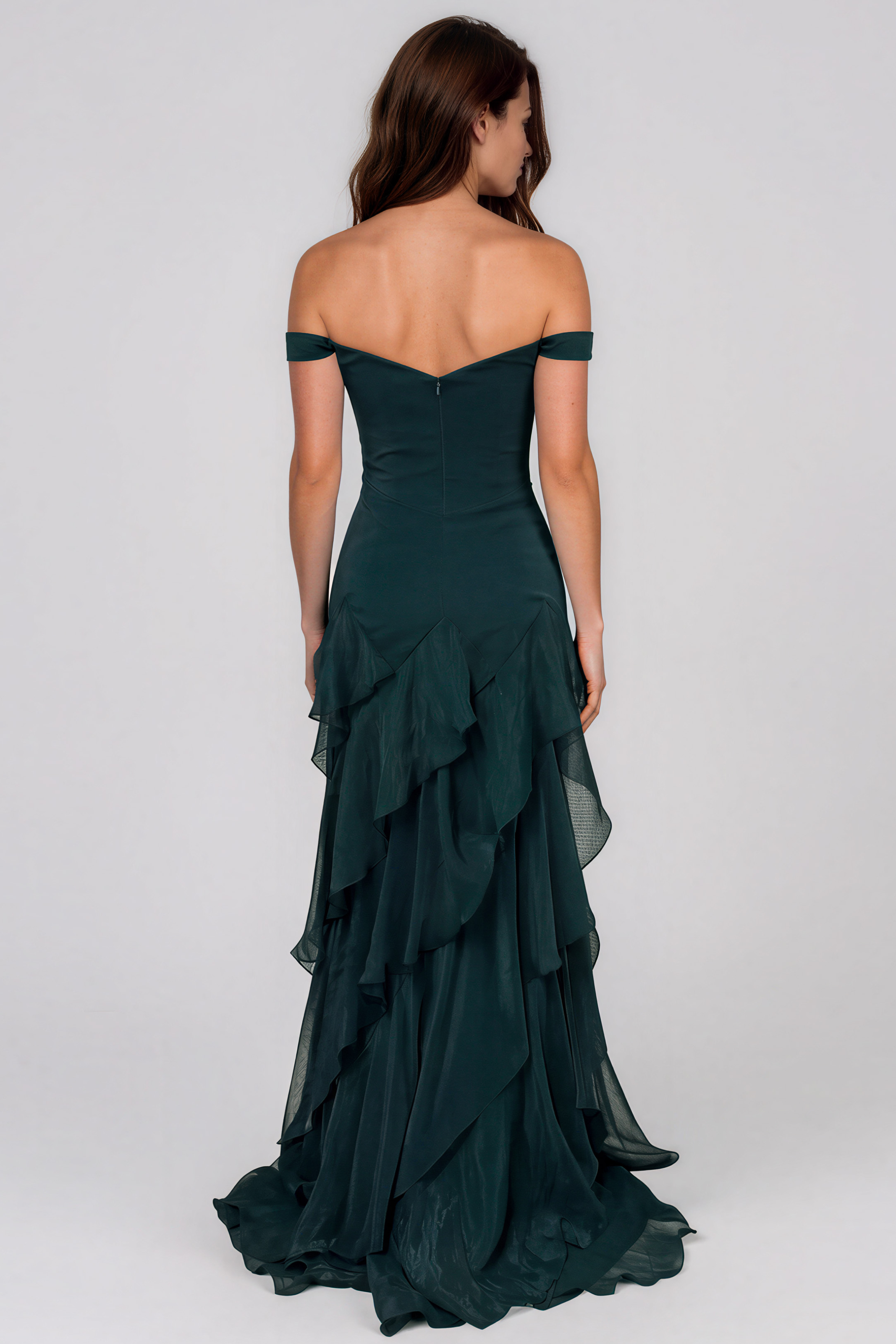Off The Shoulder Tiered Ruffle Skirt Fit And Flare Chiffon Gown Gown Rene Ruiz Collection