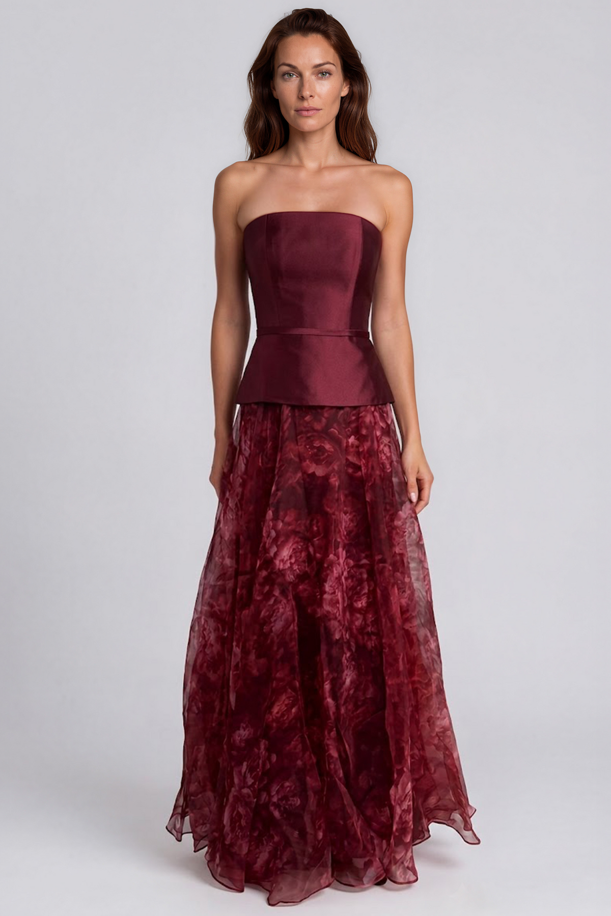 Strapless Mikado Bodice Printed Organza A-Line Gown with Peplum Waist Gown Rene Ruiz Collection