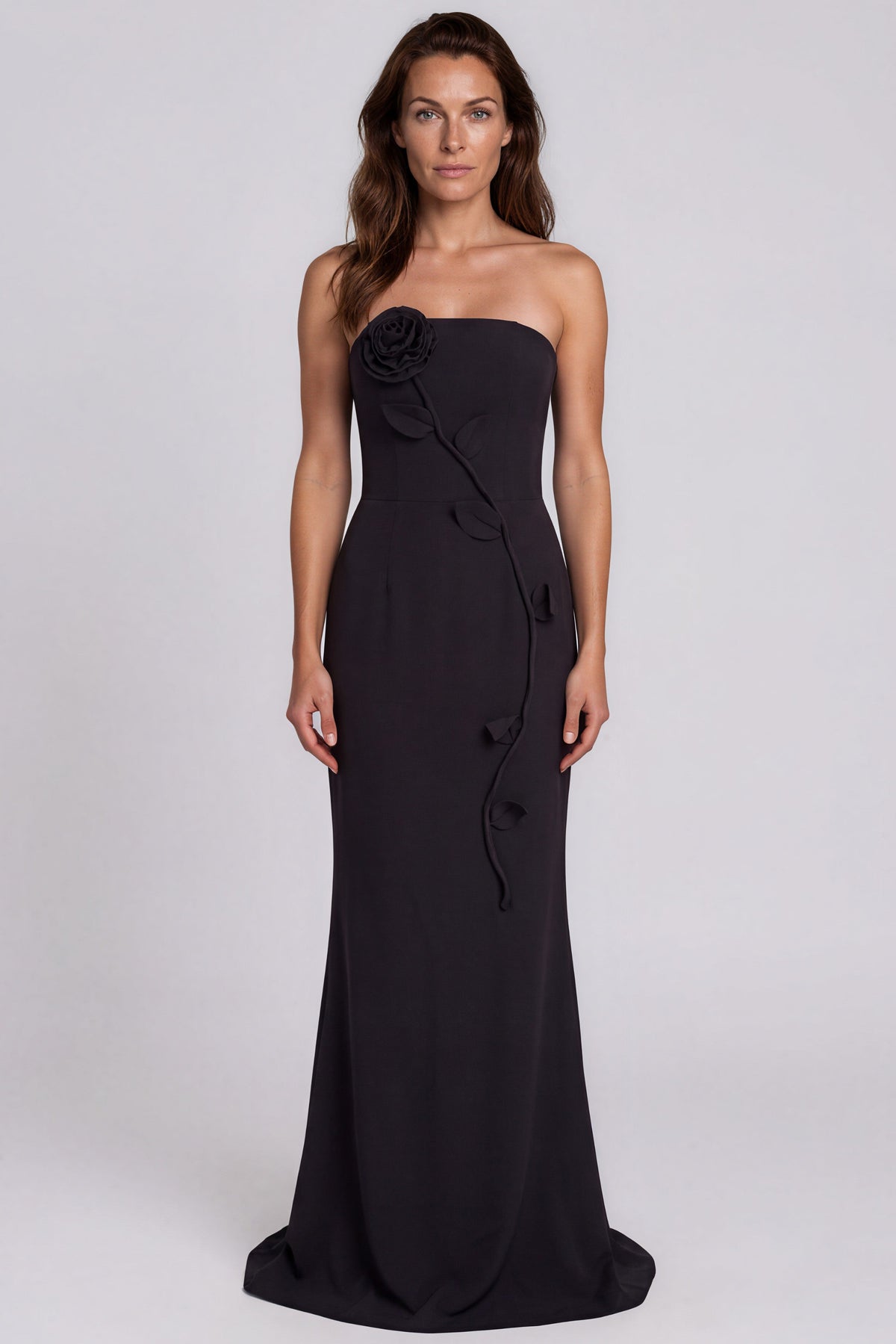 Strapless 3D Rose Appliqué Crepe Fit And Flare Gown Gown Rene Ruiz Collection