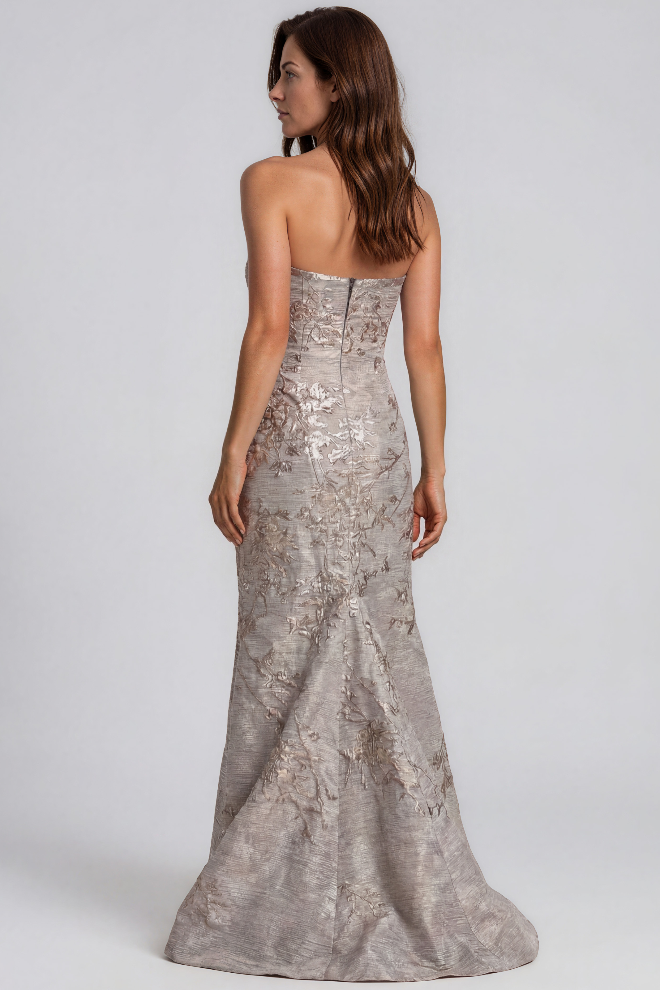Strapless Fit and Flare Brocade Gown Gown Rene Ruiz Collection