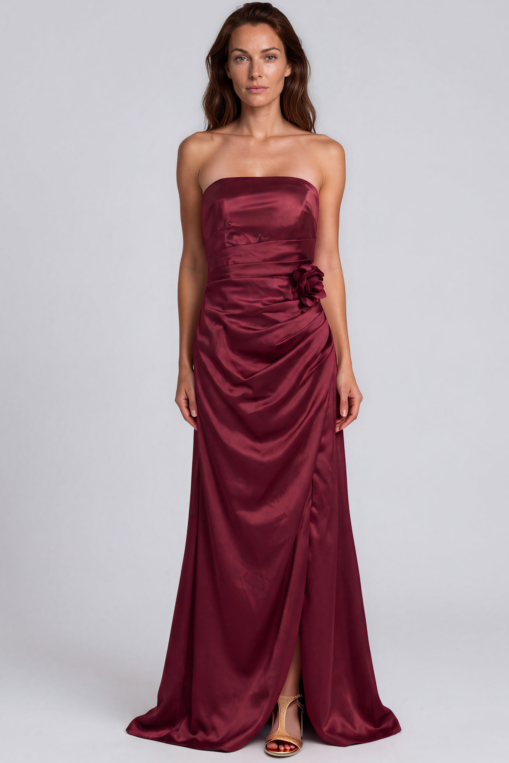 Strapless Draped Waist Floral Detail Satin-Back Crepe A-Line Gown