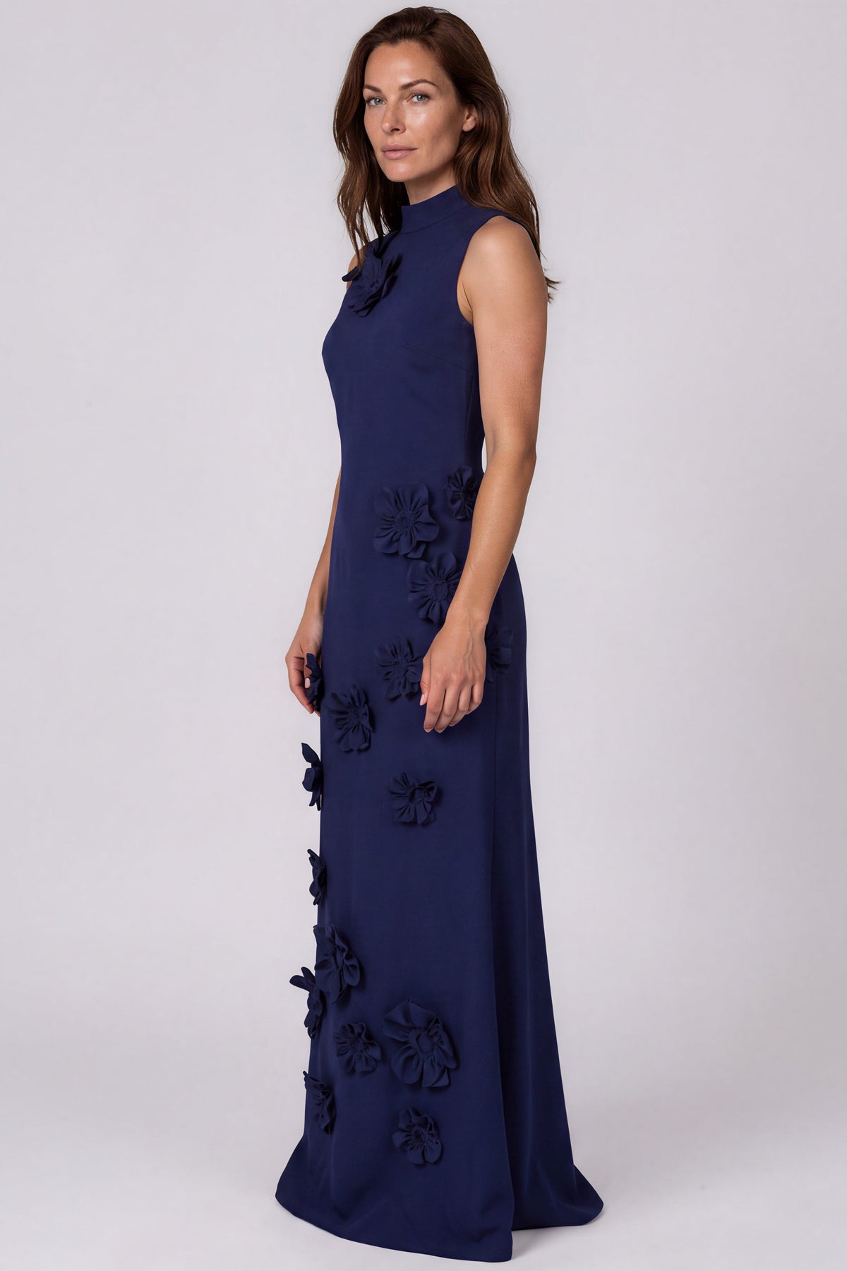 High Neck Sleeveless 3D Floral Appliqués Crepe Fit And Flare Gown