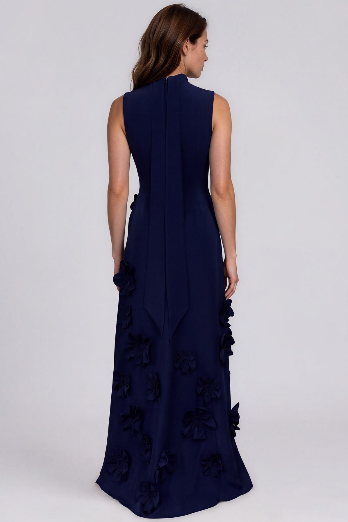 High Neck Sleeveless 3D Floral Appliqués Crepe Fit And Flare Gown