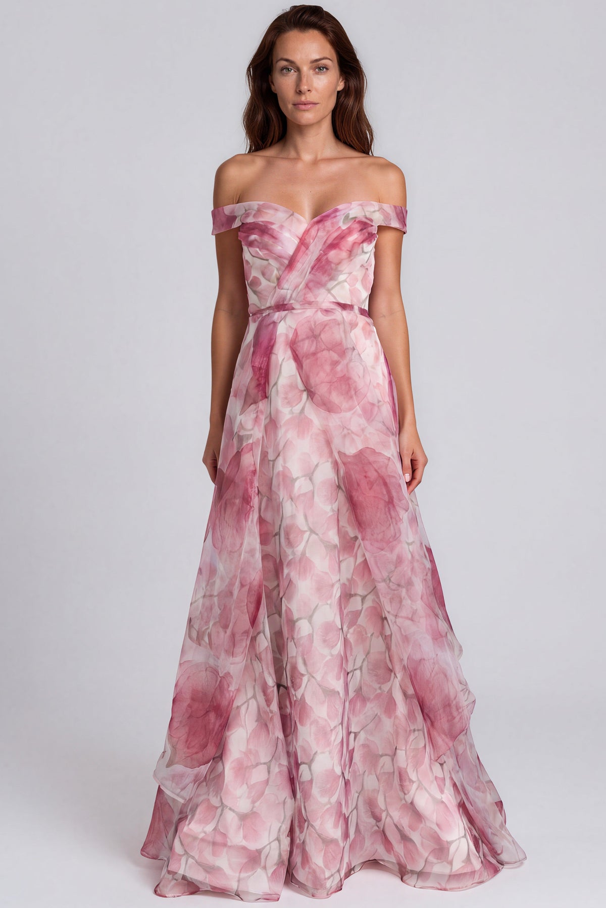 Off The Shoulder Printed Organza A-Line Gown Gown Rene Ruiz Collection