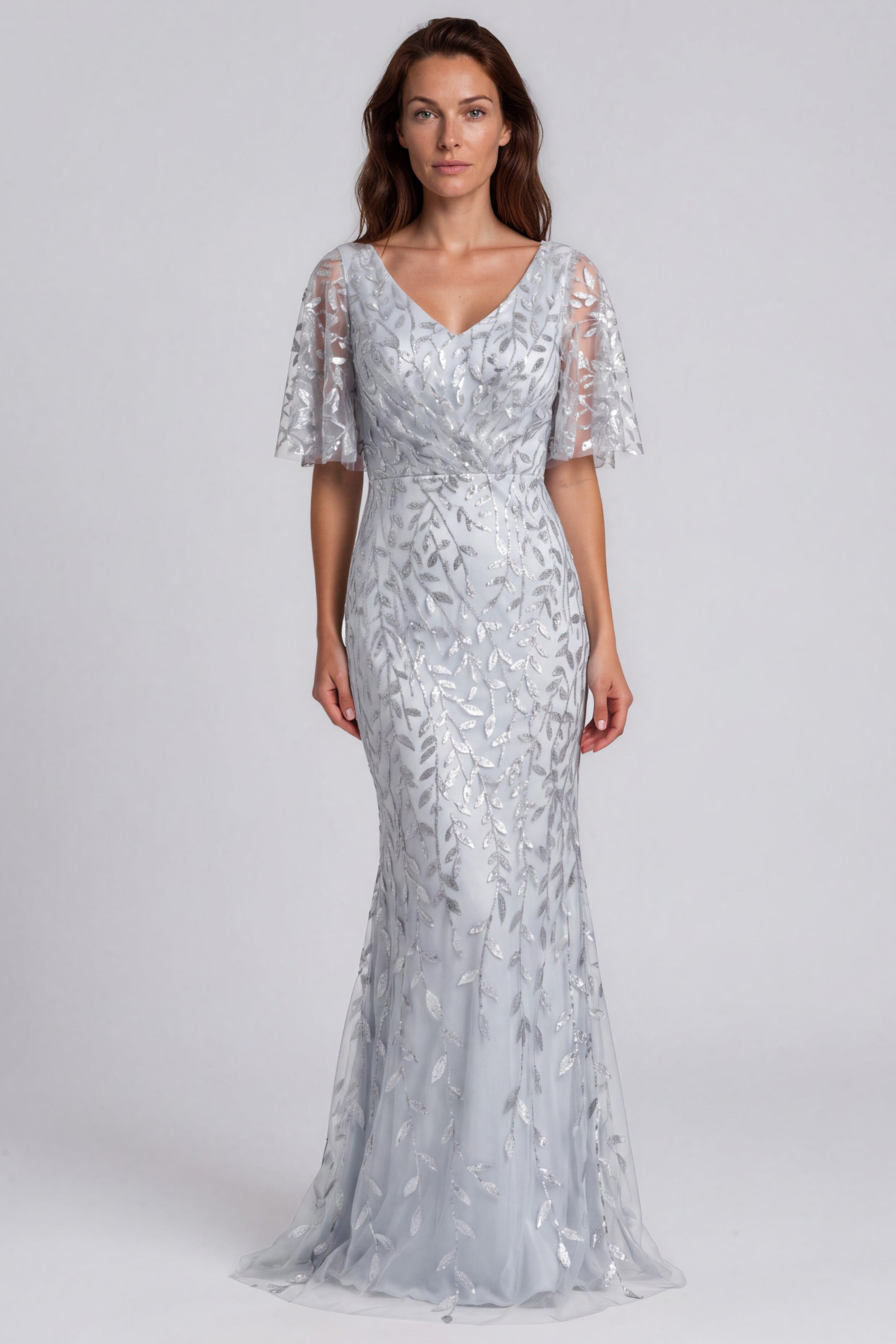 Embroidered V-Neck Fit and Flare Gown with Flutter Sleeves Gown Rene Ruiz Collection