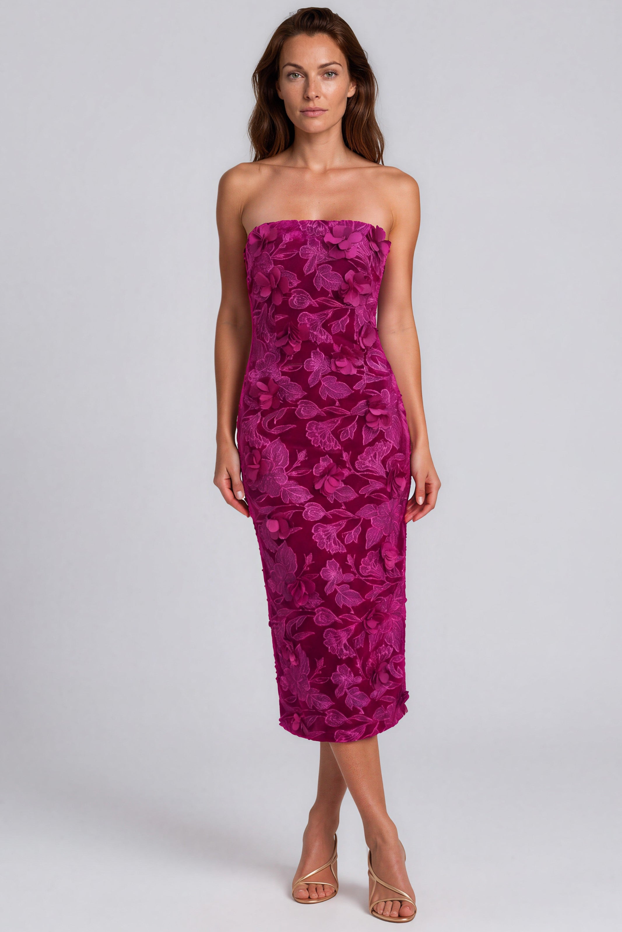 Strapless Velvet Fil Coupé Floral Column Midi Cocktail