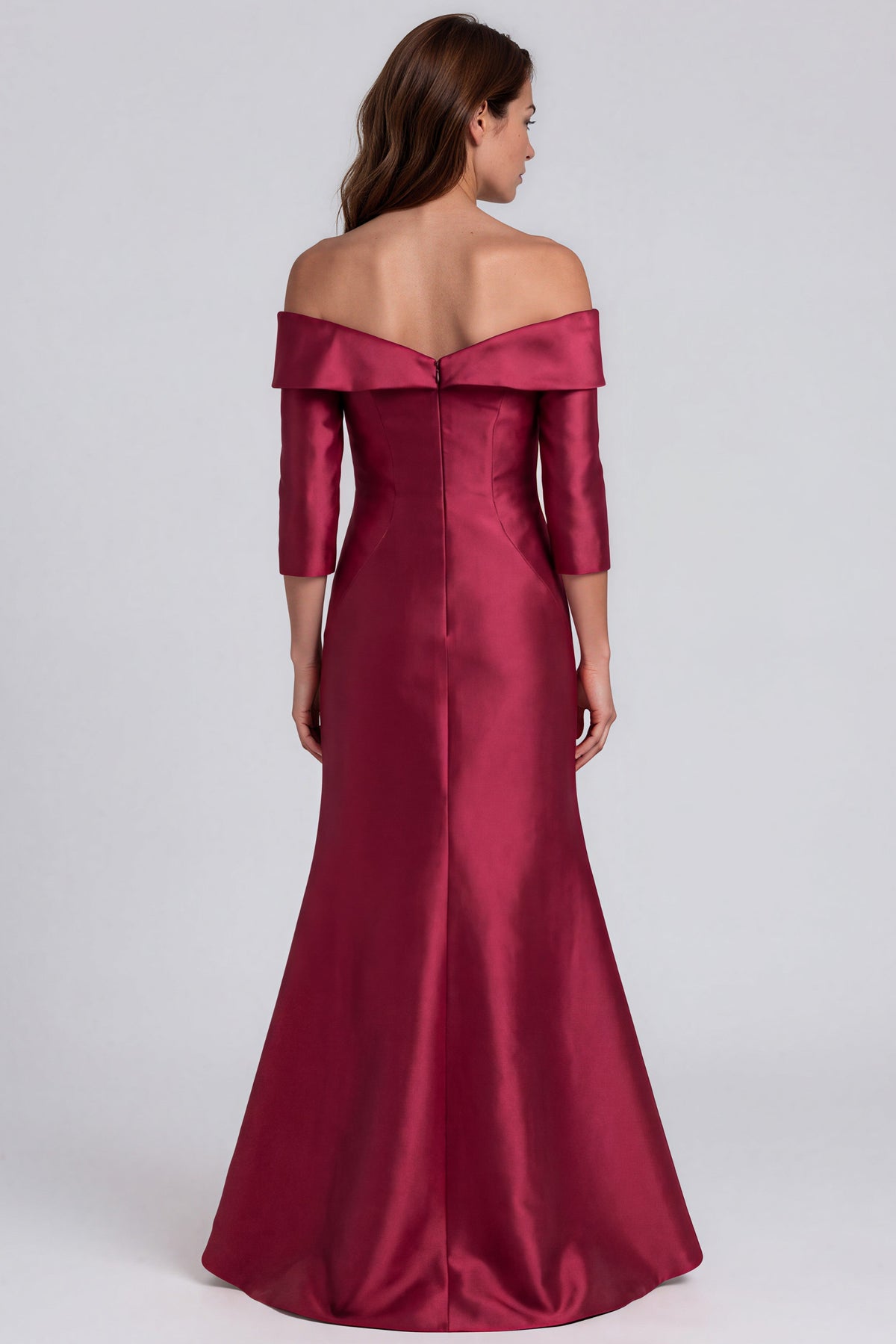 Off The Shoulder 3/4 Sleeves Mikado Fit and Flare Gown Gown Rene Ruiz Collection