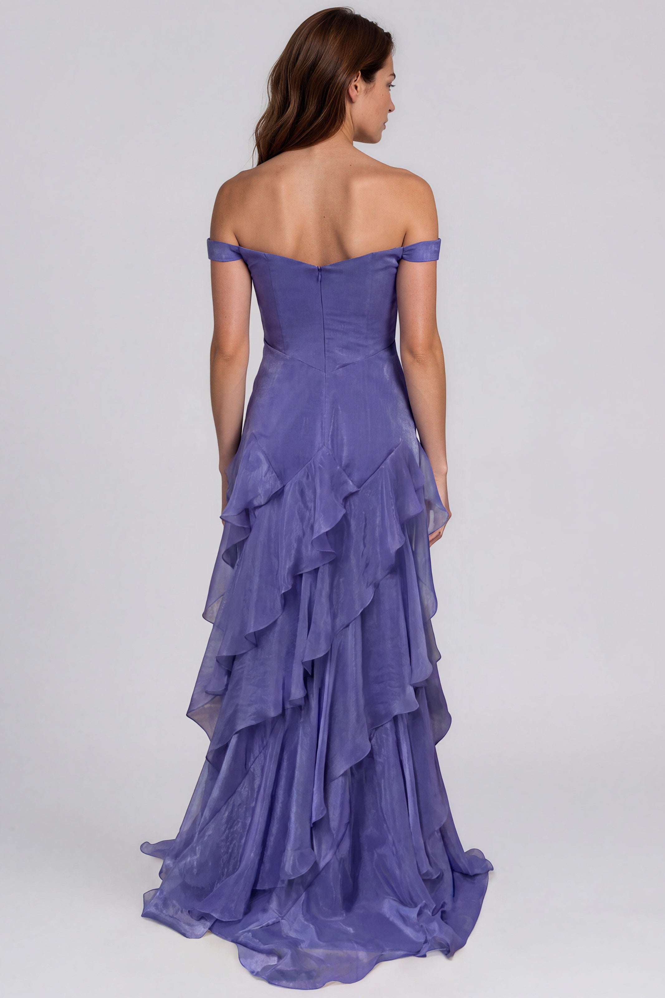 Off The Shoulder Tiered Ruffle Skirt Fit And Flare Chiffon Gown Gown Rene Ruiz Collection