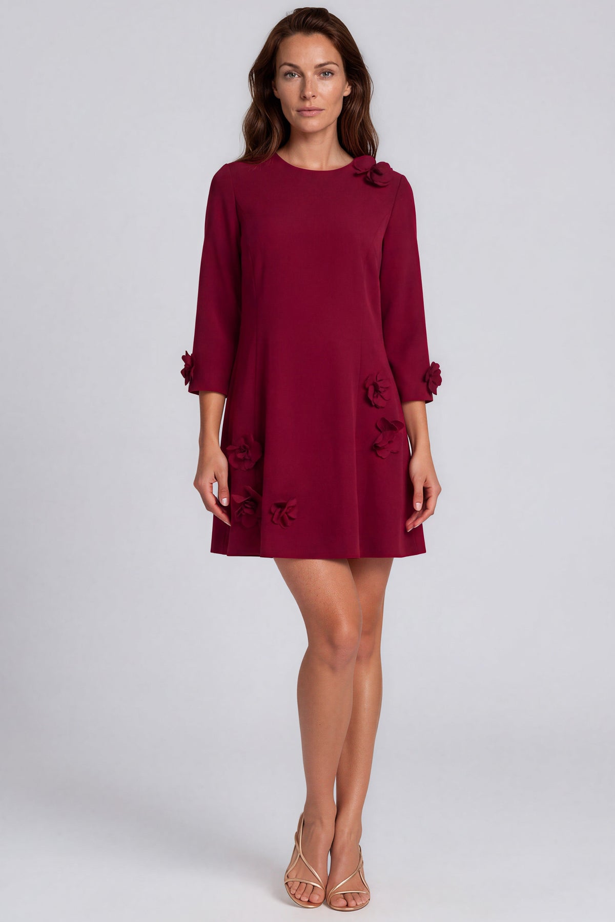 3/4 Sleeve 3D Floral Appliqués Crepe A-Line Mini Dress