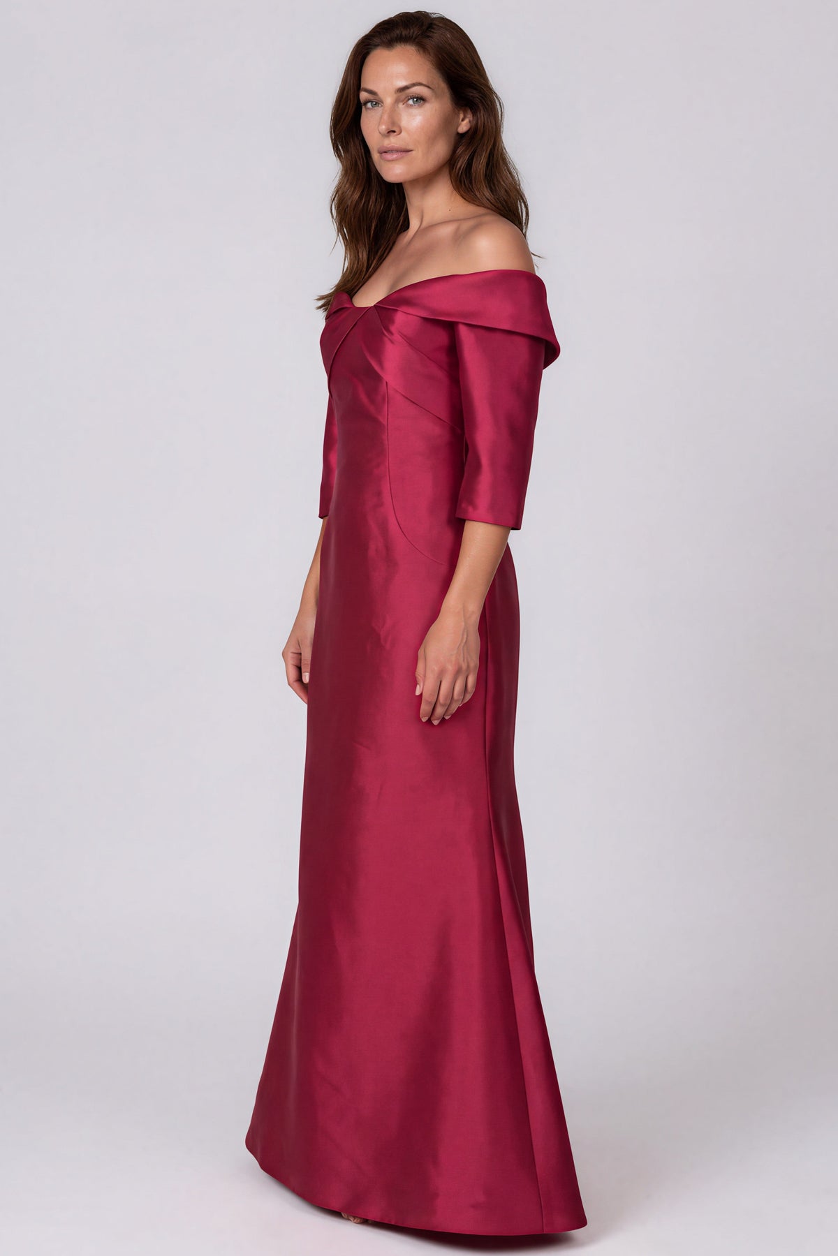 Off The Shoulder 3/4 Sleeves Mikado Fit and Flare Gown Gown Rene Ruiz Collection