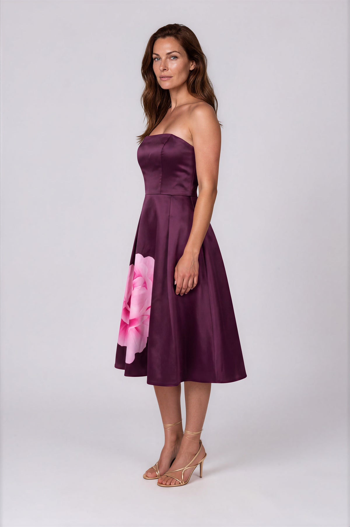 Strapless Printed Mikado A-Line Midi Cocktail
