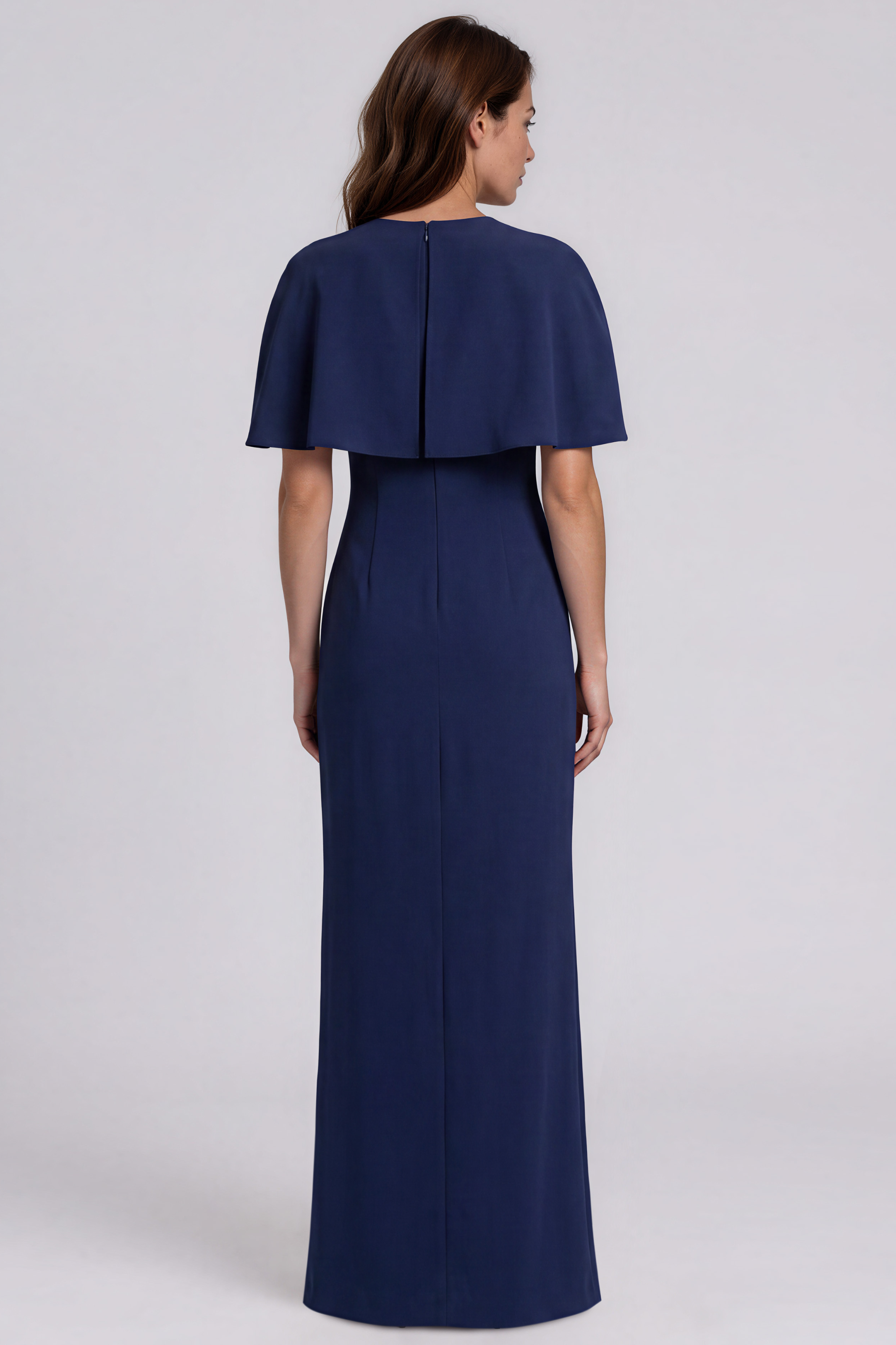 Beaded Floral Embroidery Crepe Column Gown with Cape Overlay Gown Rene Ruiz Collection
