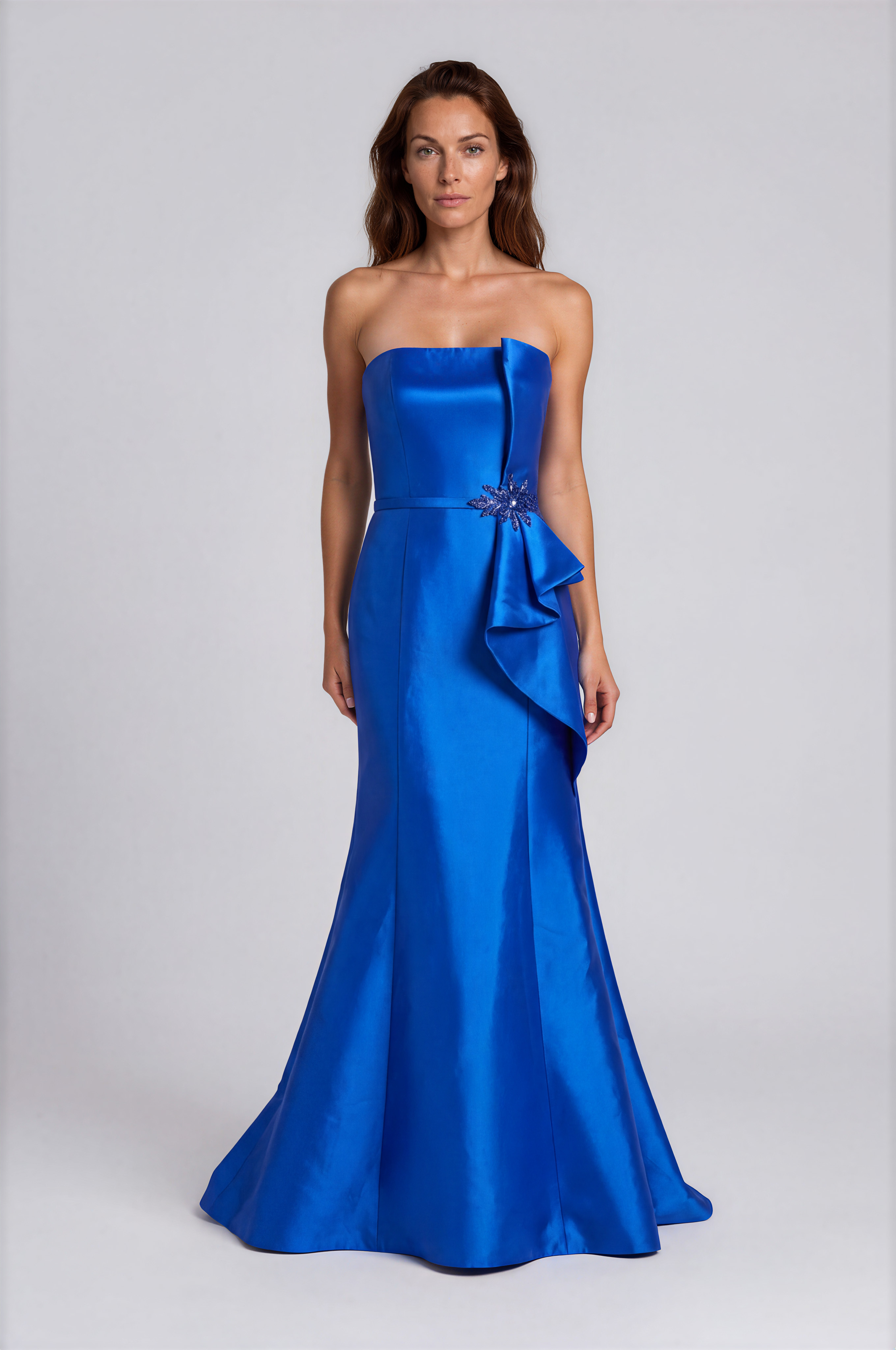 Strapless Ruffle Bow Mikado Fit And Flare Gown Gown Rene Ruiz Collection
