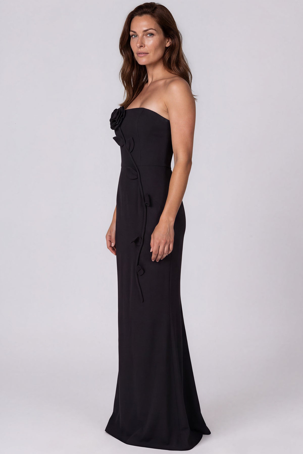 Strapless 3D Rose Appliqué Crepe Fit And Flare Gown Gown Rene Ruiz Collection