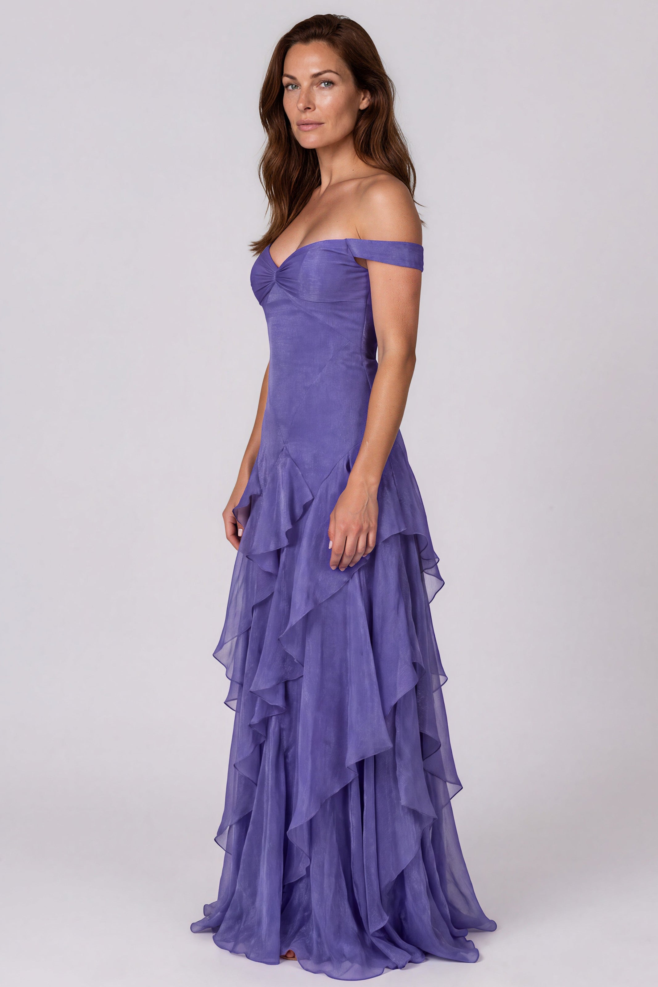Off The Shoulder Tiered Ruffle Skirt Fit And Flare Chiffon Gown (boca stock) Gown Rene Ruiz Collection