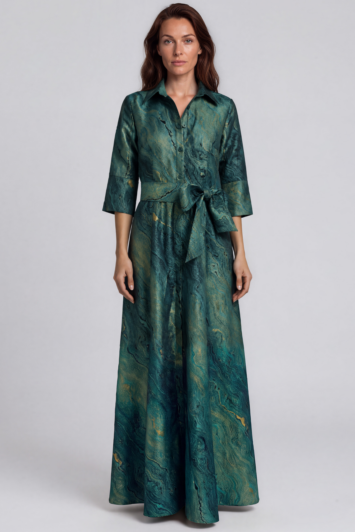 3/4 Dolman Sleeve Taffeta Jacquard Shirt Gown with Sash and Pockets Gown Rene Ruiz Collection