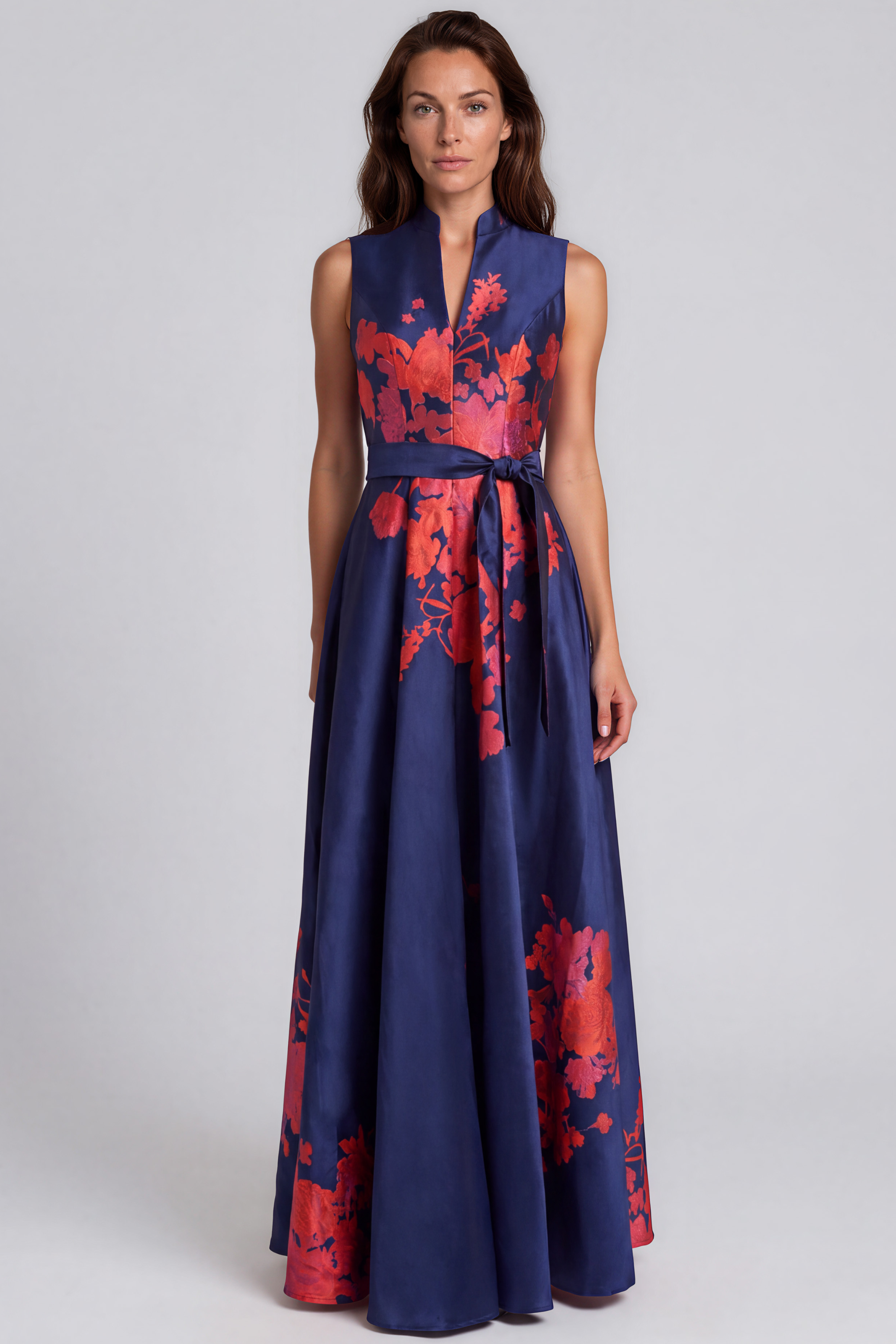 Sleeveless Printed Mikado A-Line Gown with Sash Waist