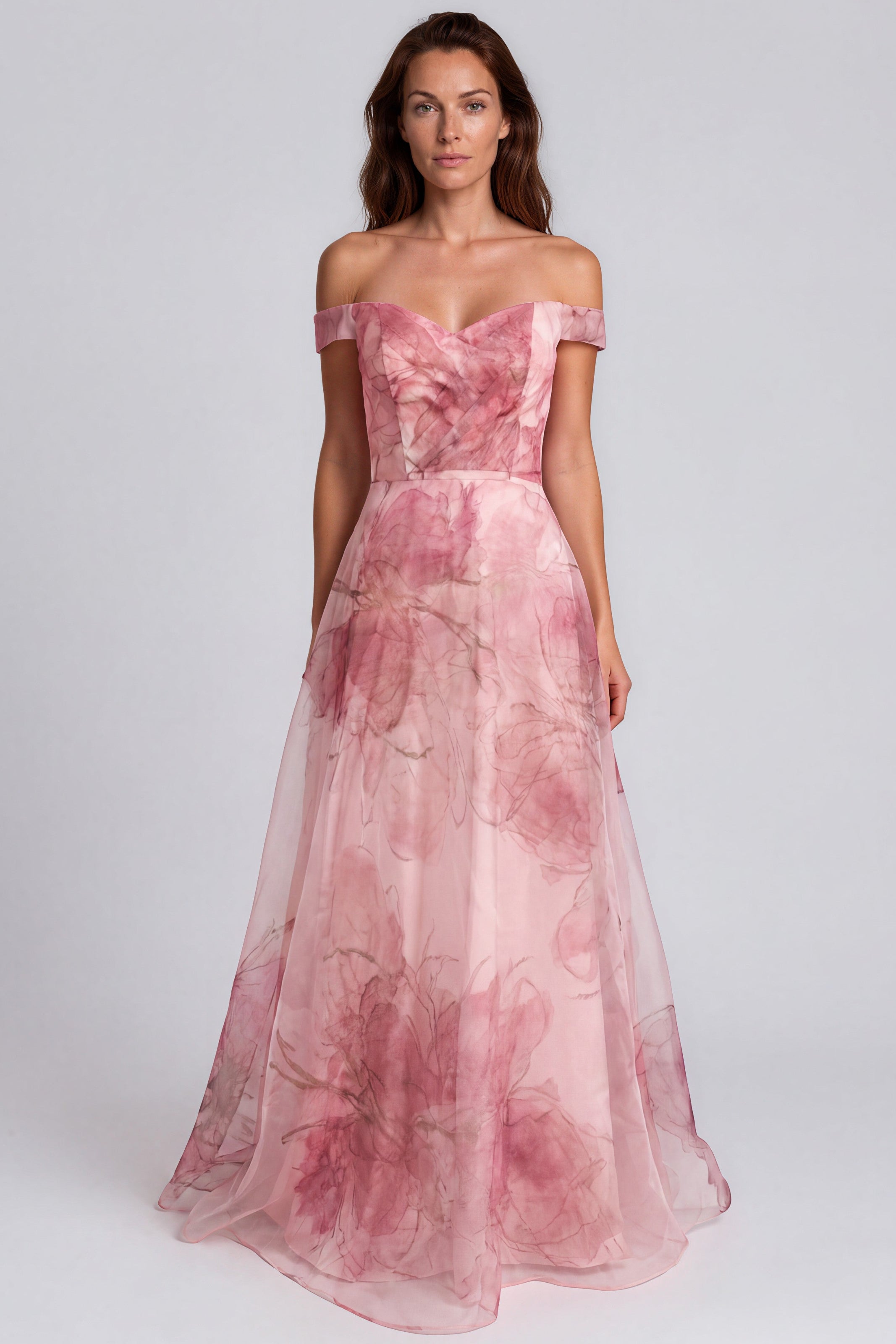 Off The Shoulder Printed Organza A-Line Gown Gown Rene Ruiz Collection