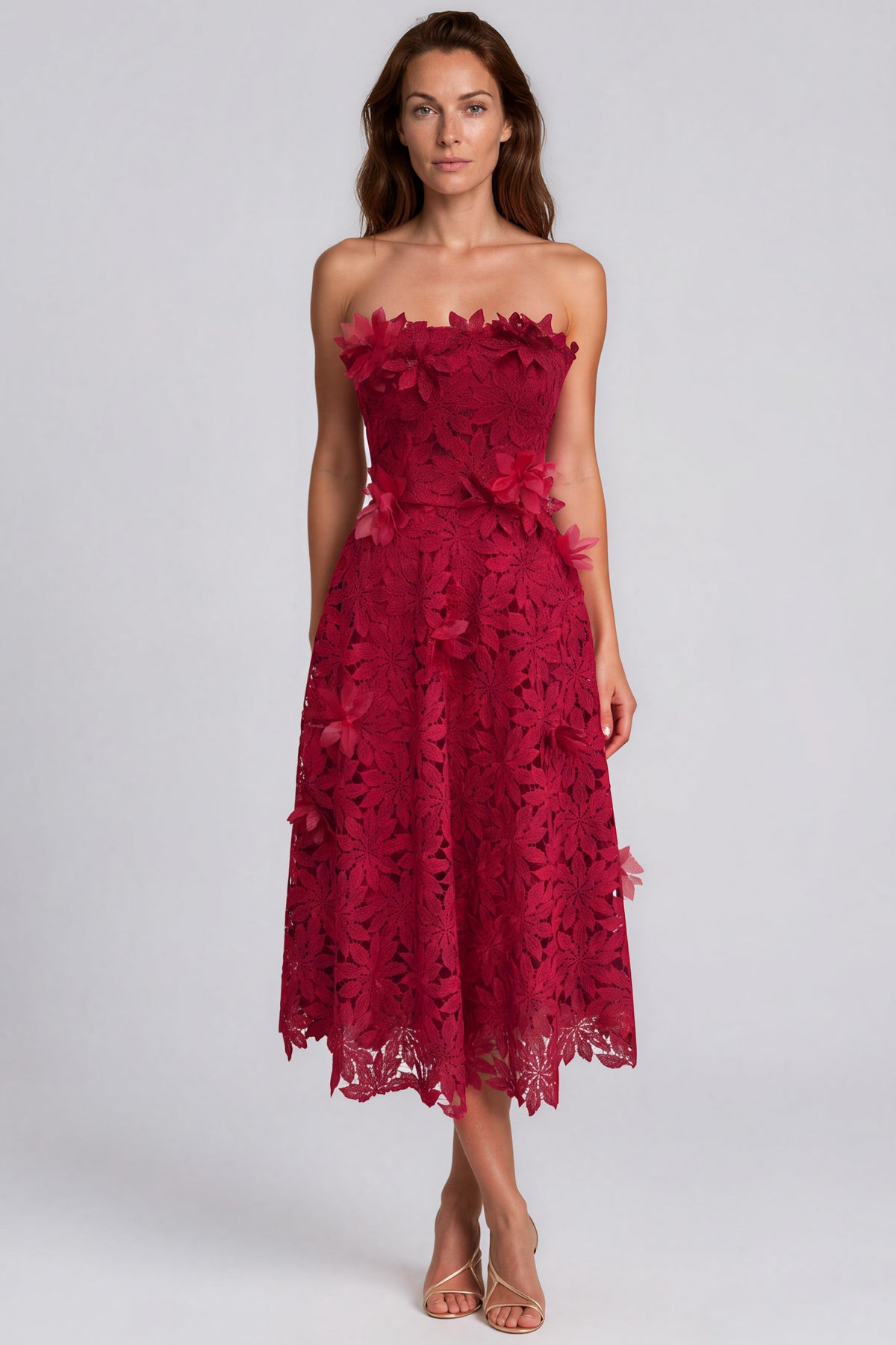 Strapless Floral Lace A-Line Cocktail Dress with 3D Floral Appliqués Cocktail Rene Ruiz Collection 2 Deep Red