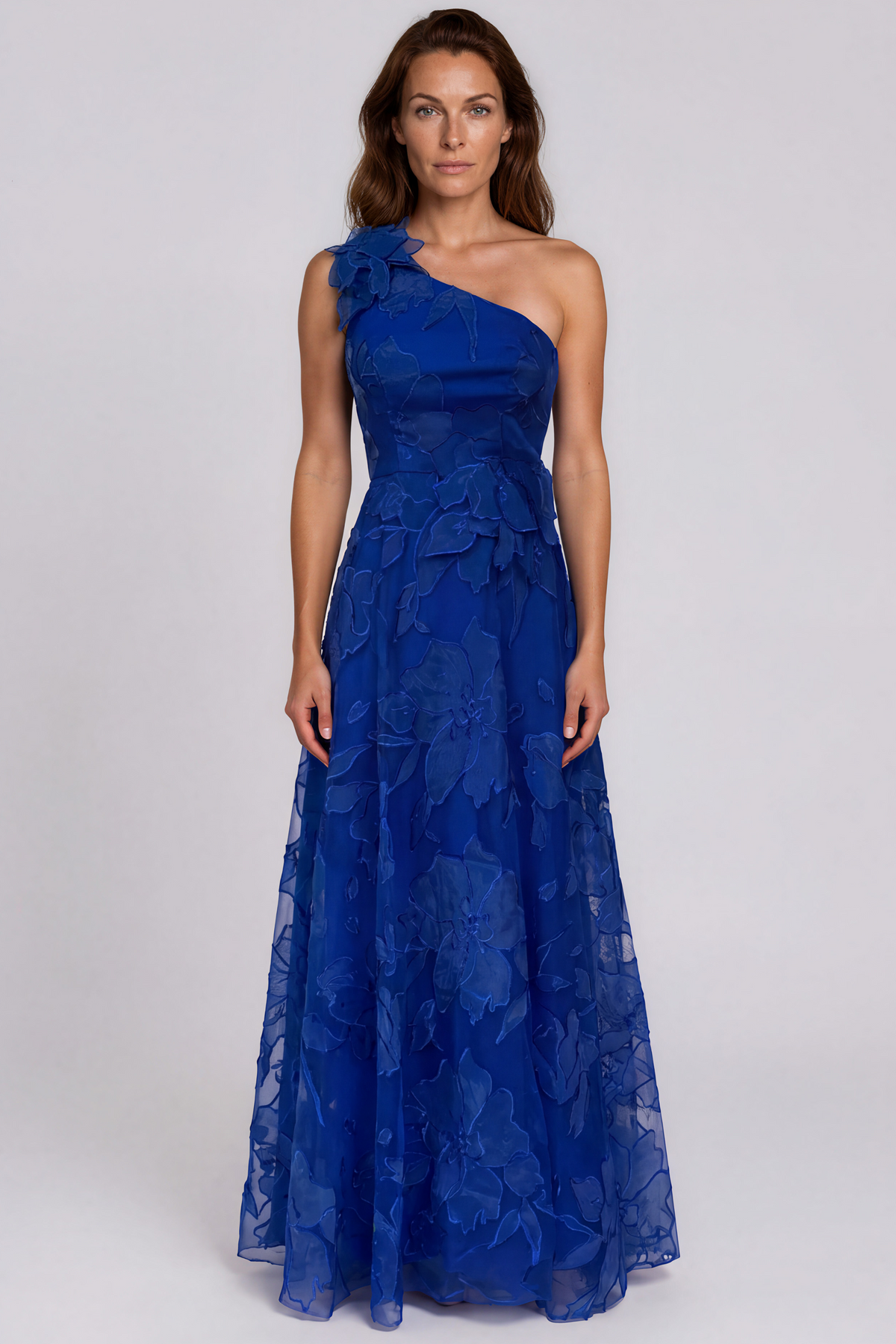 One Shoulder Embroidered A-Line Evening Gown with 3D Floral Appliqués Gown Rene Ruiz Collection