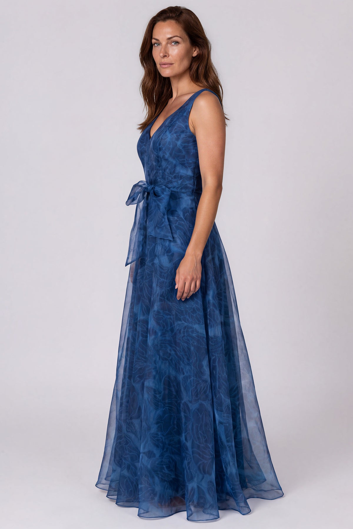 V-Neck Floral Printed Organza Waist Tie A-Line Gown Gown Rene Ruiz Collection