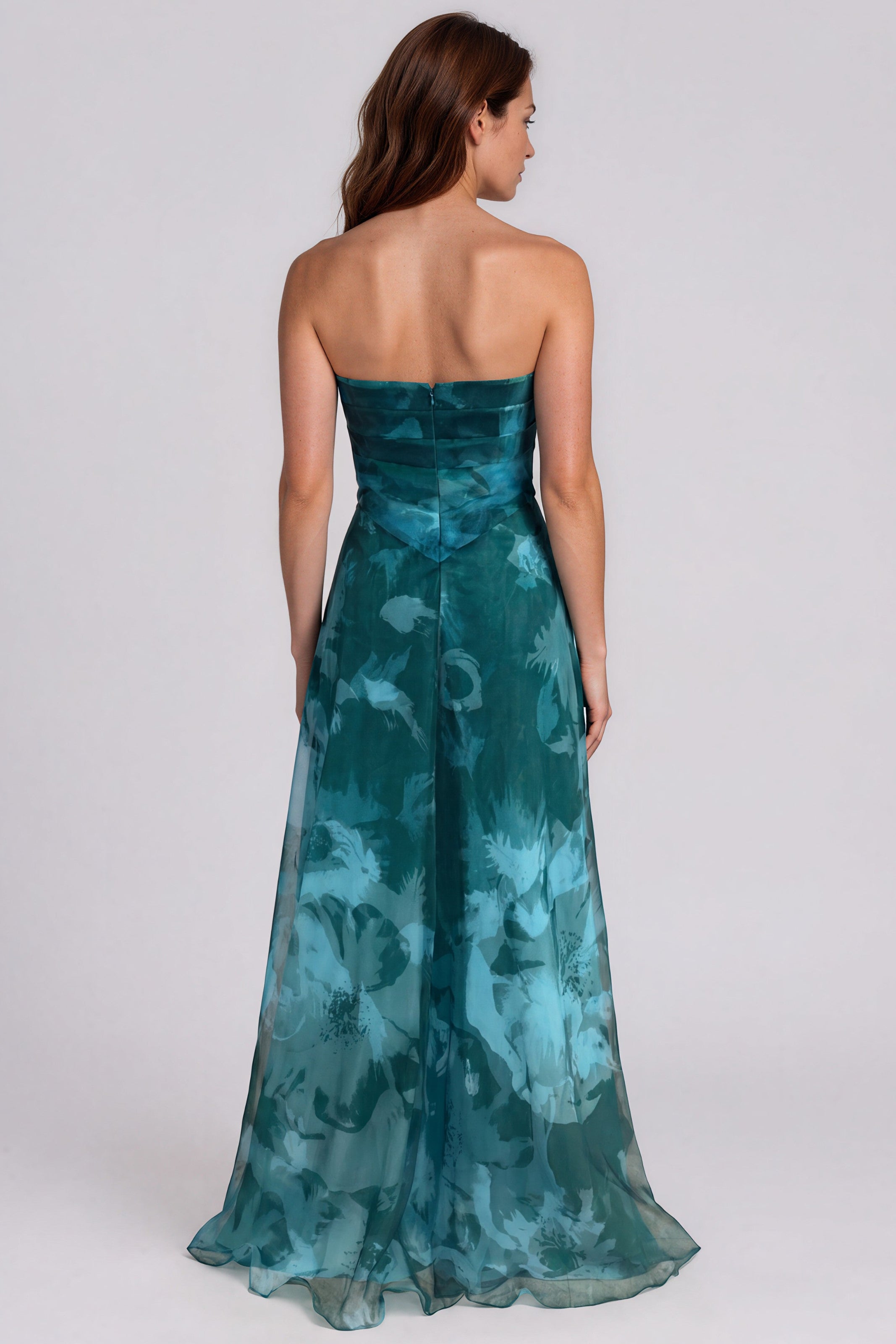 Strapless Printed Organza A-Line Gown with Draped Bodice Gown Rene Ruiz Collection