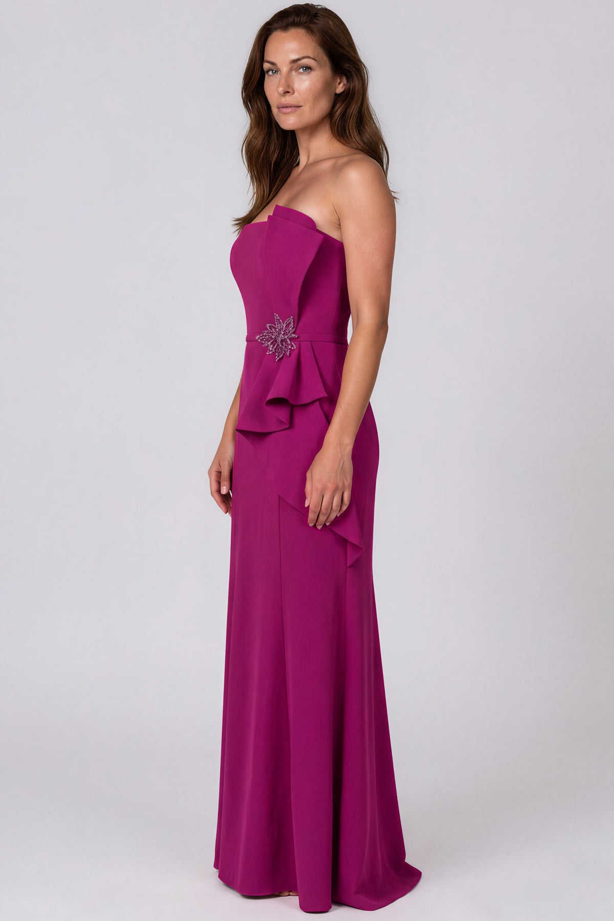 Strapless Ruffle Bow Column Crepe Gown