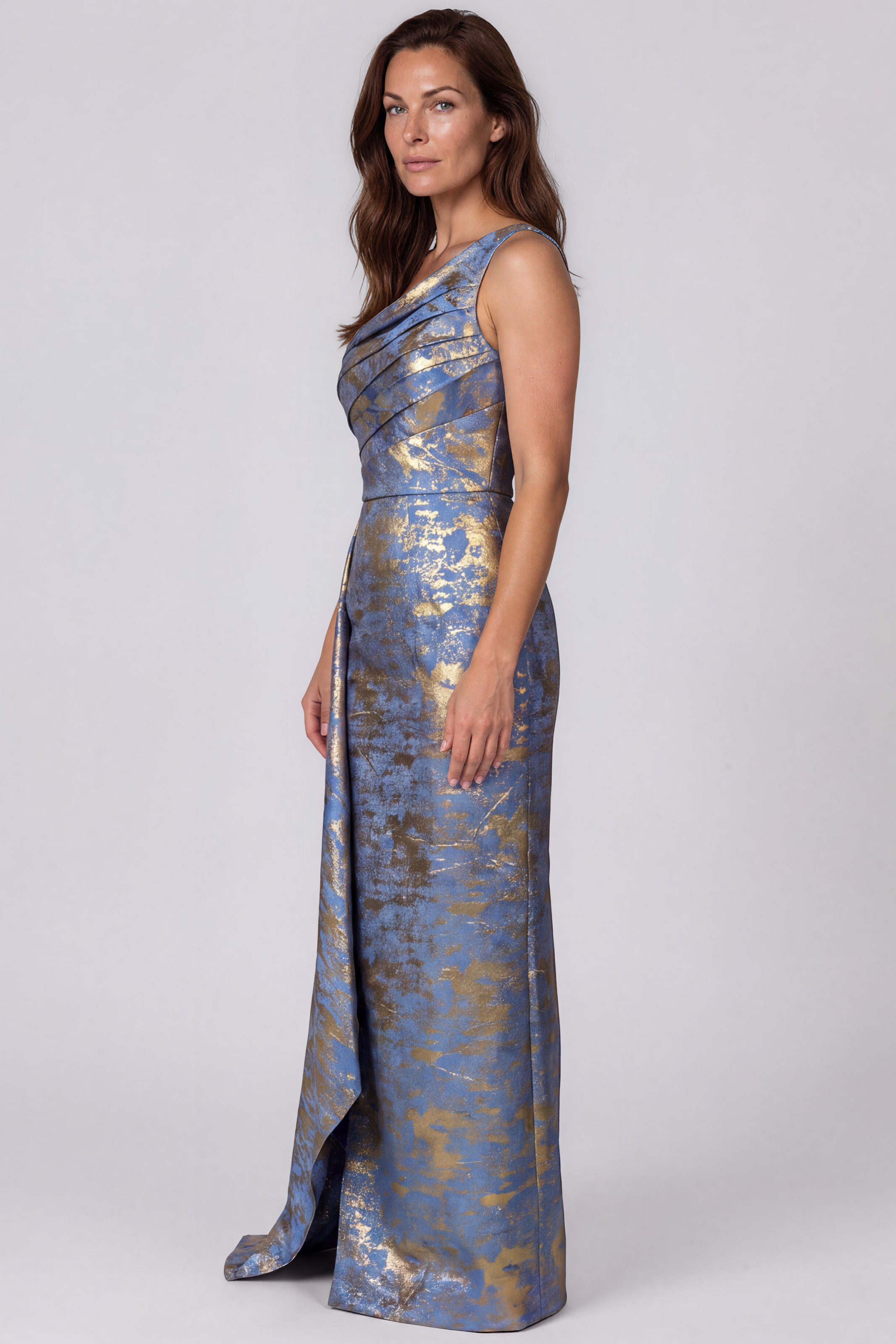 One Shoulder Jacquard Column Gown with Draped Bodice and Side Panel Gown Rene Ruiz Collection