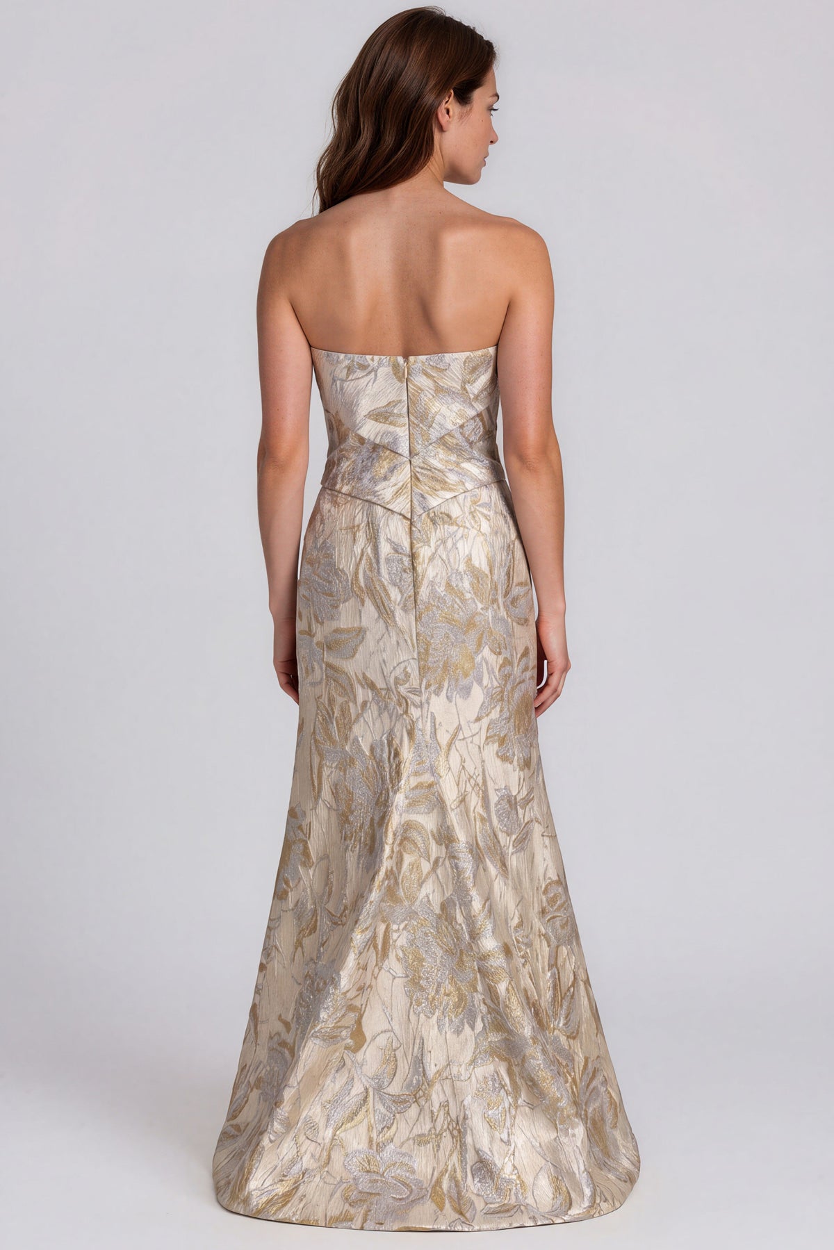 Strapless Metallic Brocade Fit and Flare Gown Gown Rene Ruiz Collection