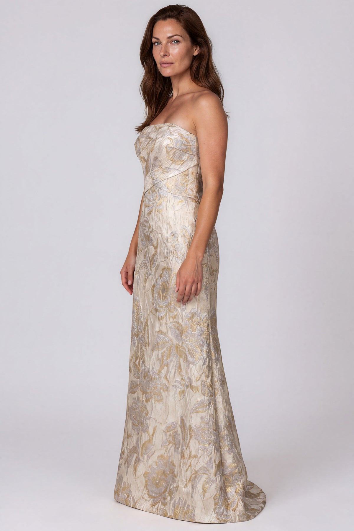 Strapless Metallic Brocade Fit and Flare Gown Gown Rene Ruiz Collection