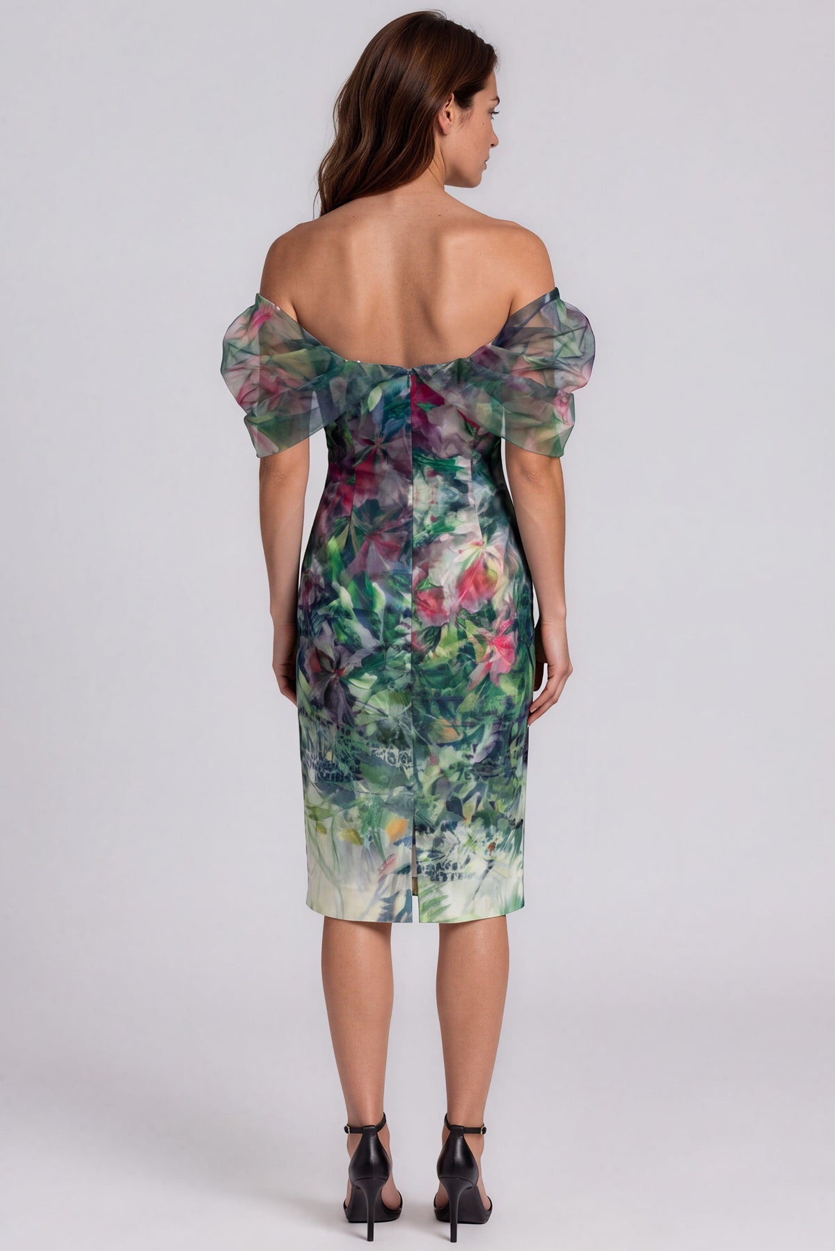 Off The Shoulder Flutter Sleeves Printed Organza Sheath Cocktail Dress Cocktail Rene Ruiz Collection