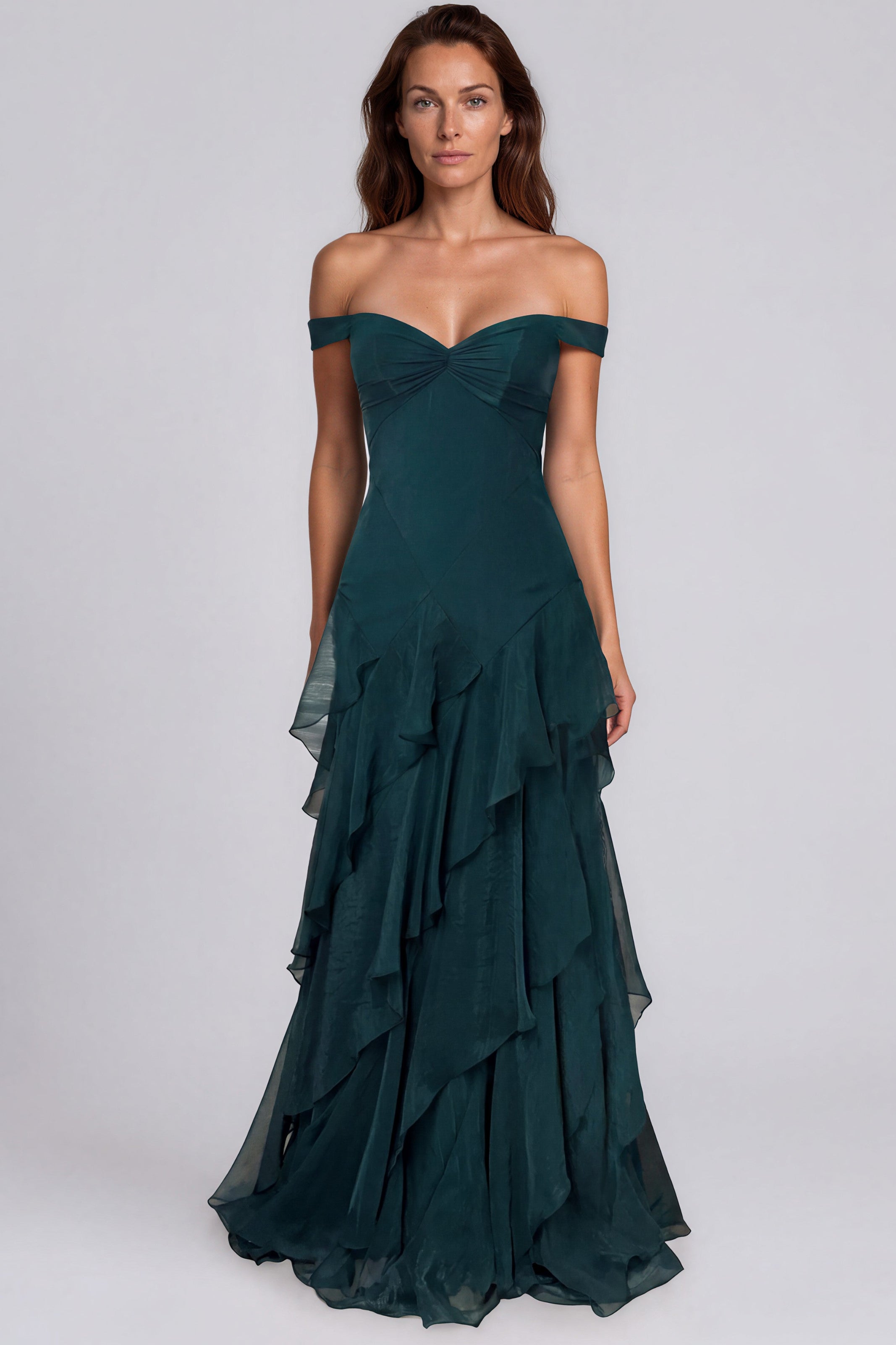 Off The Shoulder Tiered Ruffle Skirt Fit And Flare Chiffon Gown Gown Rene Ruiz Collection