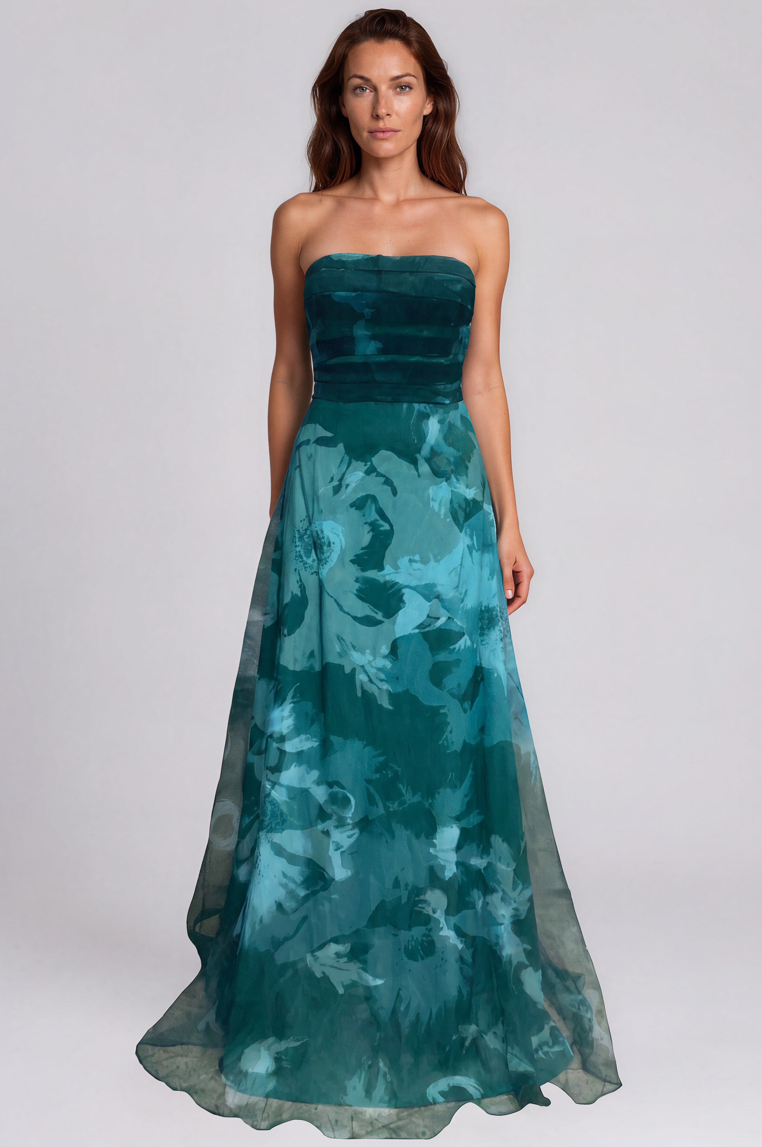 Strapless Printed Organza A-Line Gown with Draped Bodice Gown Rene Ruiz Collection