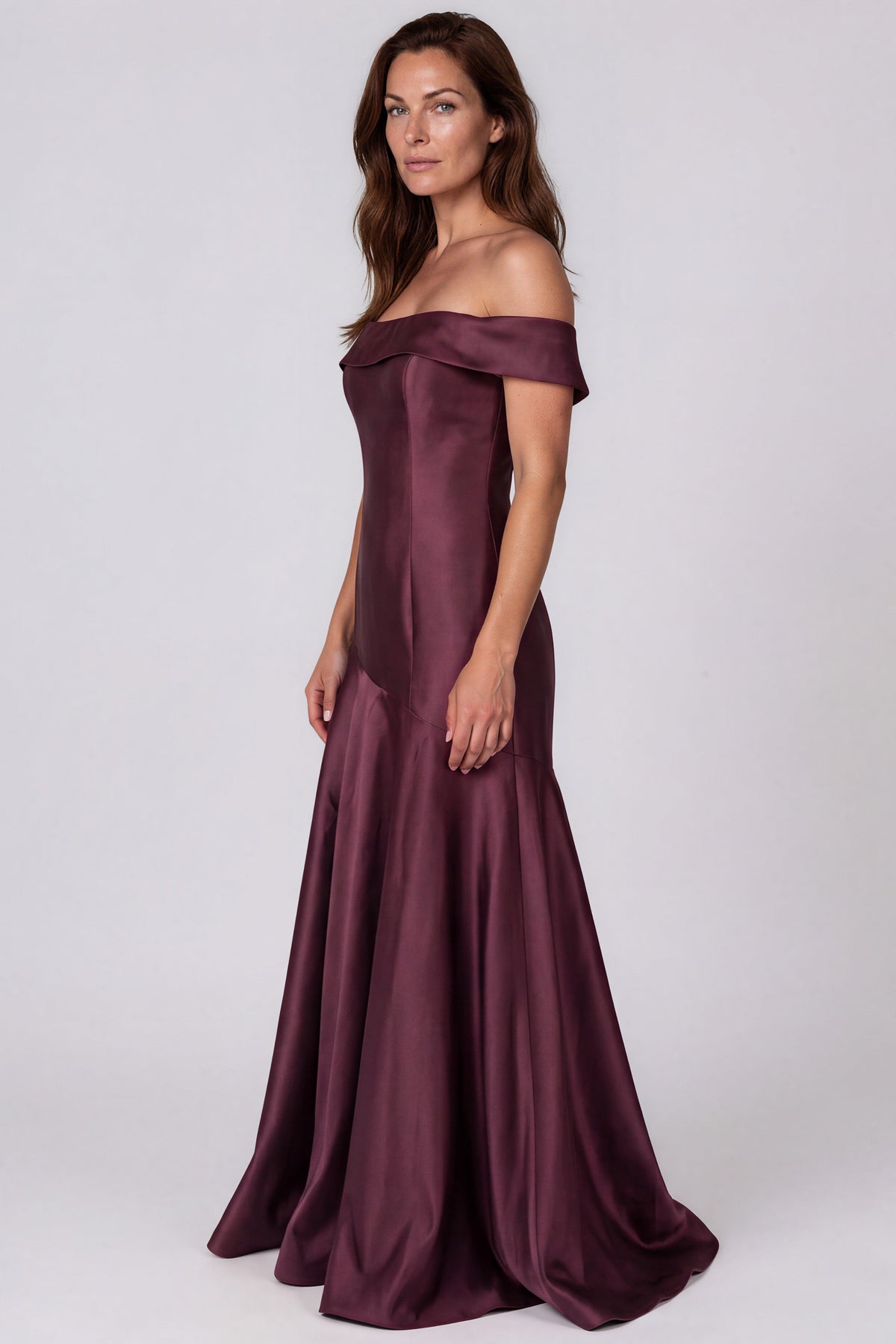 Off The Shoulder Asymmetric Waist Mikado Fit and Flare Gown Gown Rene Ruiz Collection