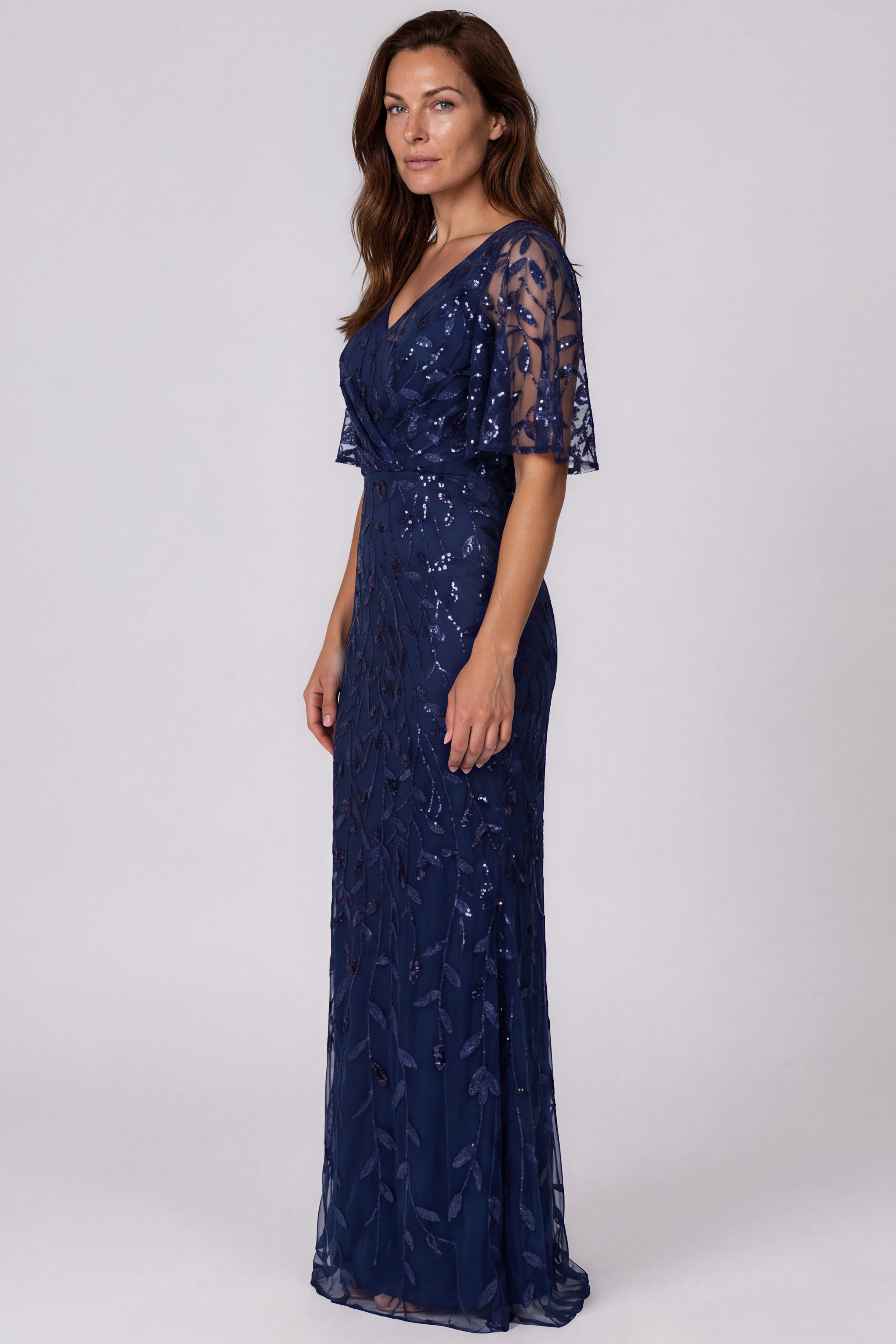 Embroidered V-Neck Fit and Flare Gown with Flutter Sleeves Gown Rene Ruiz Collection