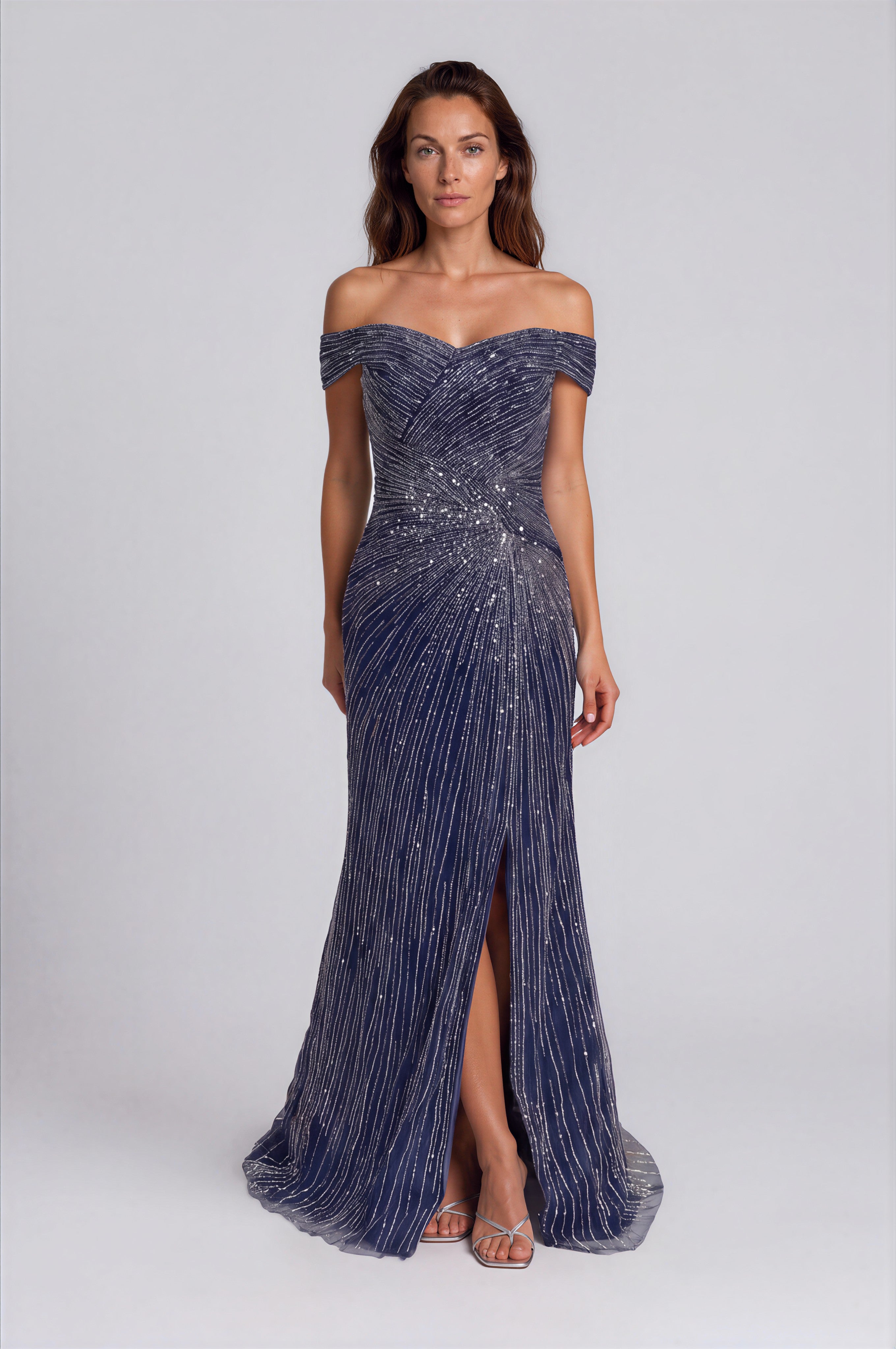 Off the Shoulder Beaded Gown (boca) Gown Rene Ruiz Collection