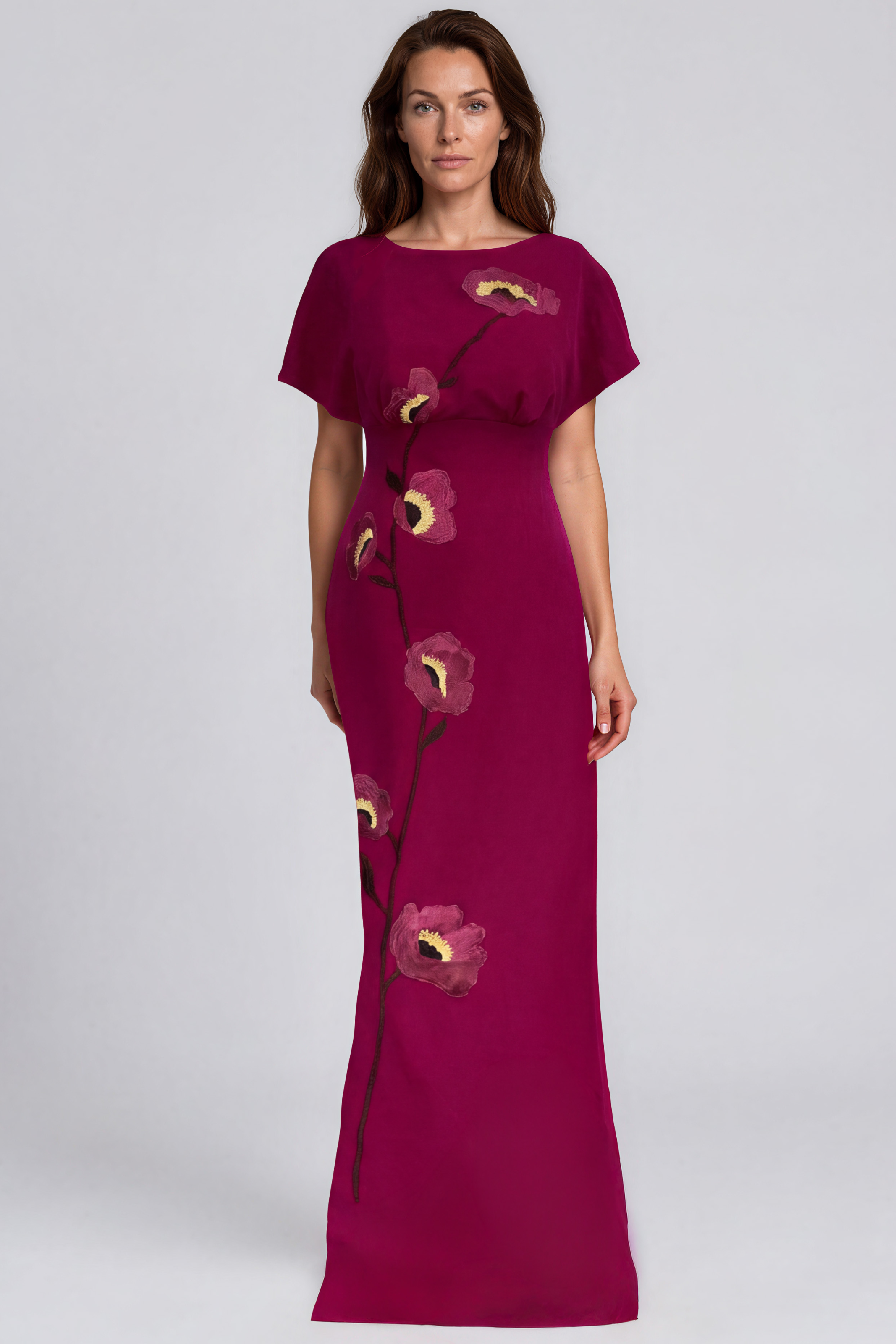 Embroidered Crepe Bateau Neck Fit and Flare Gown Gown Rene Ruiz Collection