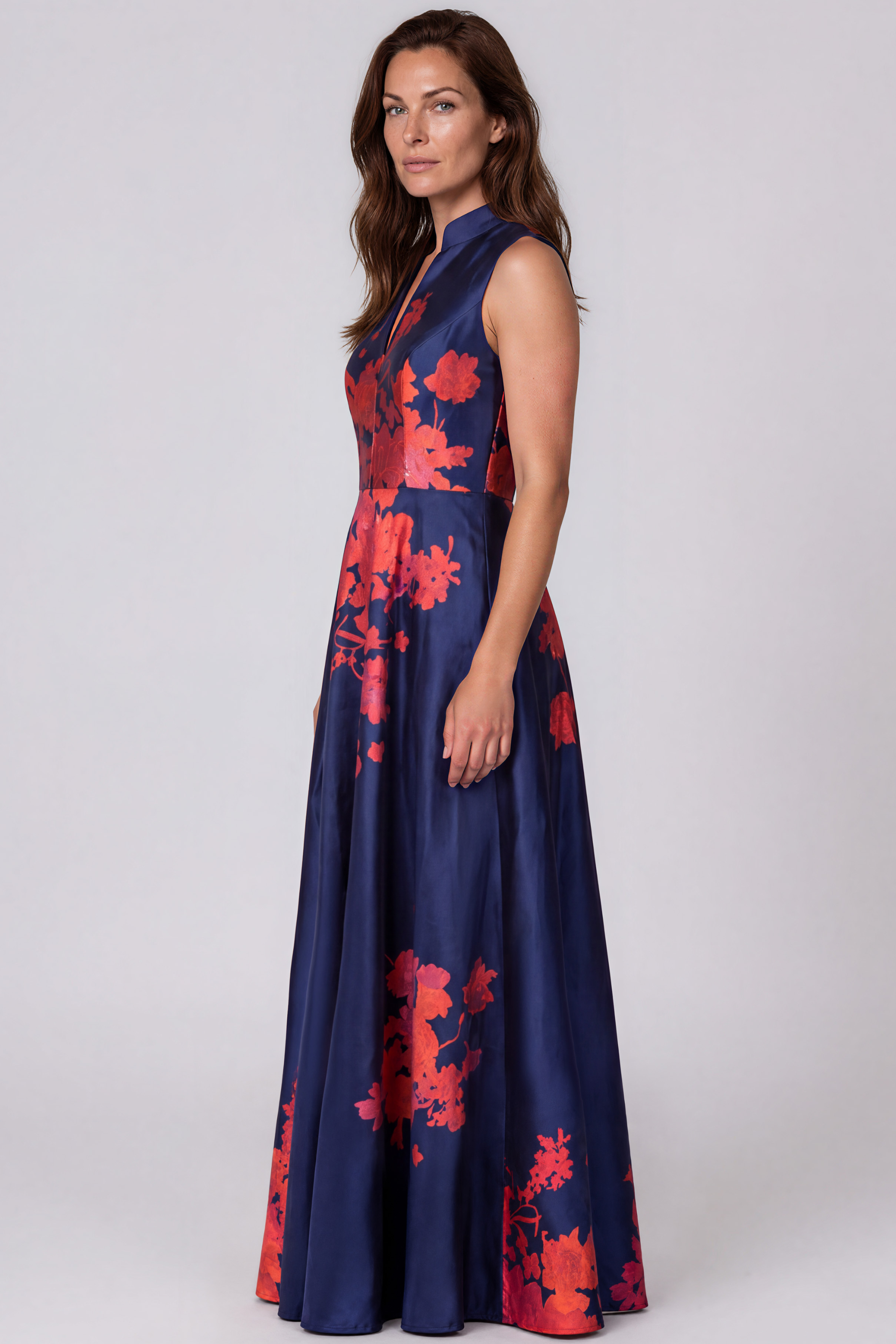 Sleeveless Printed Mikado A-Line Gown with Sash Waist