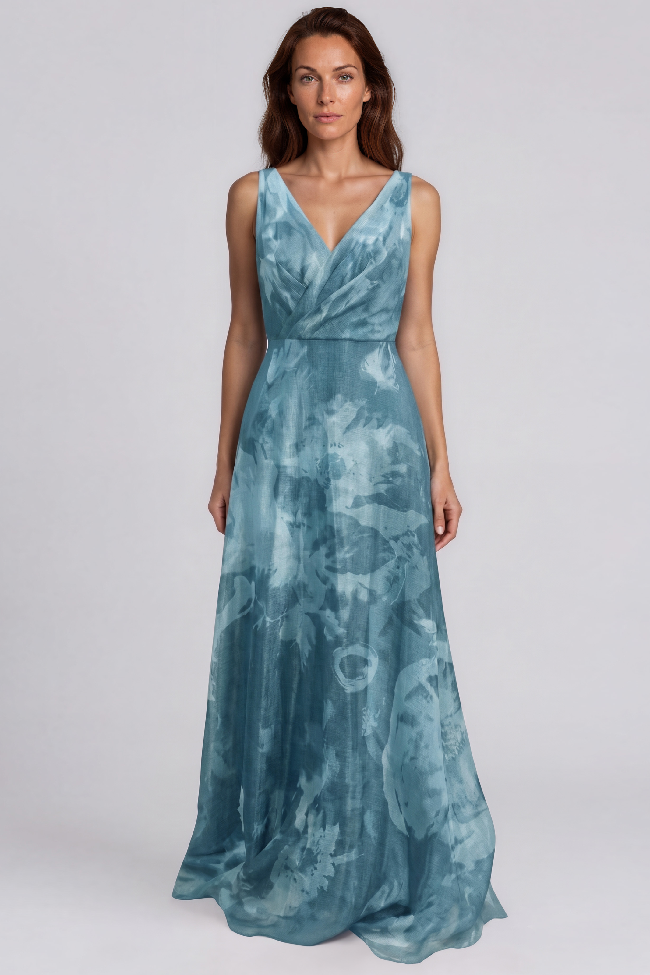 Sleeveless Surplice V-Neck Printed Organza A-Line Gown Gown Rene Ruiz Collection