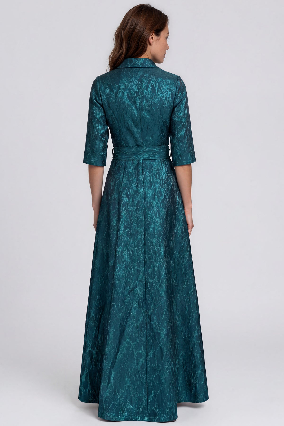 3/4 Sleeve Jacquard A-Line Shirt Gown with Sash Waist Gown Rene Ruiz Collection