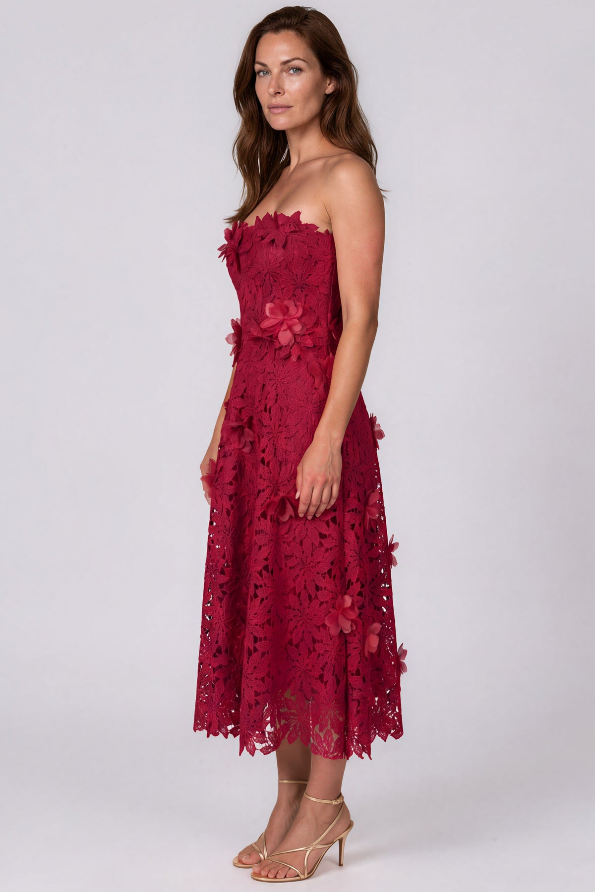 Strapless Floral Lace A-Line Cocktail Dress with 3D Floral Appliqués Cocktail Rene Ruiz Collection